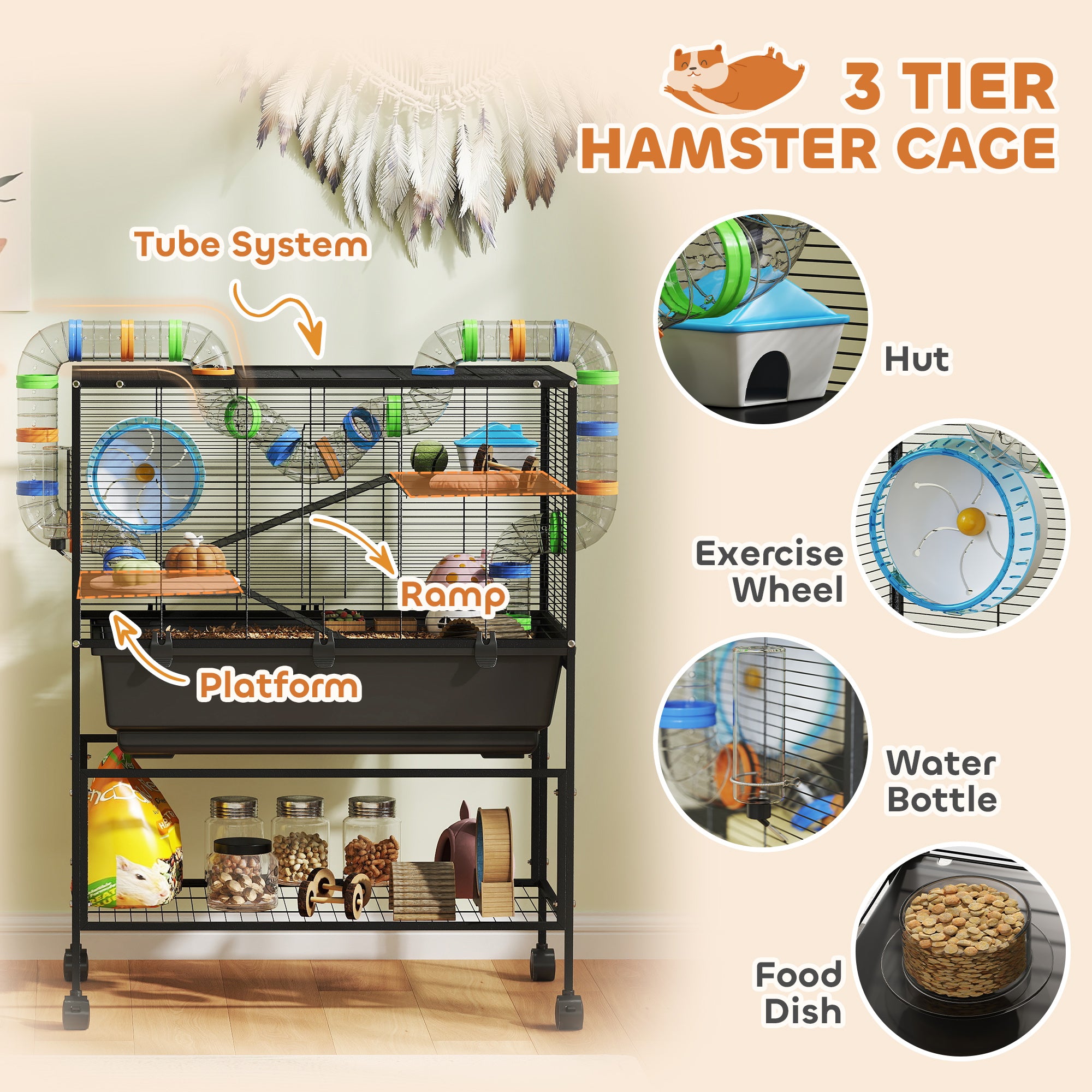 3 Tier Hamster Cage, Rolling Rat Cage with Deep Tray, Storage Shelf, Big Exercise Wheel, Hut, Tube System