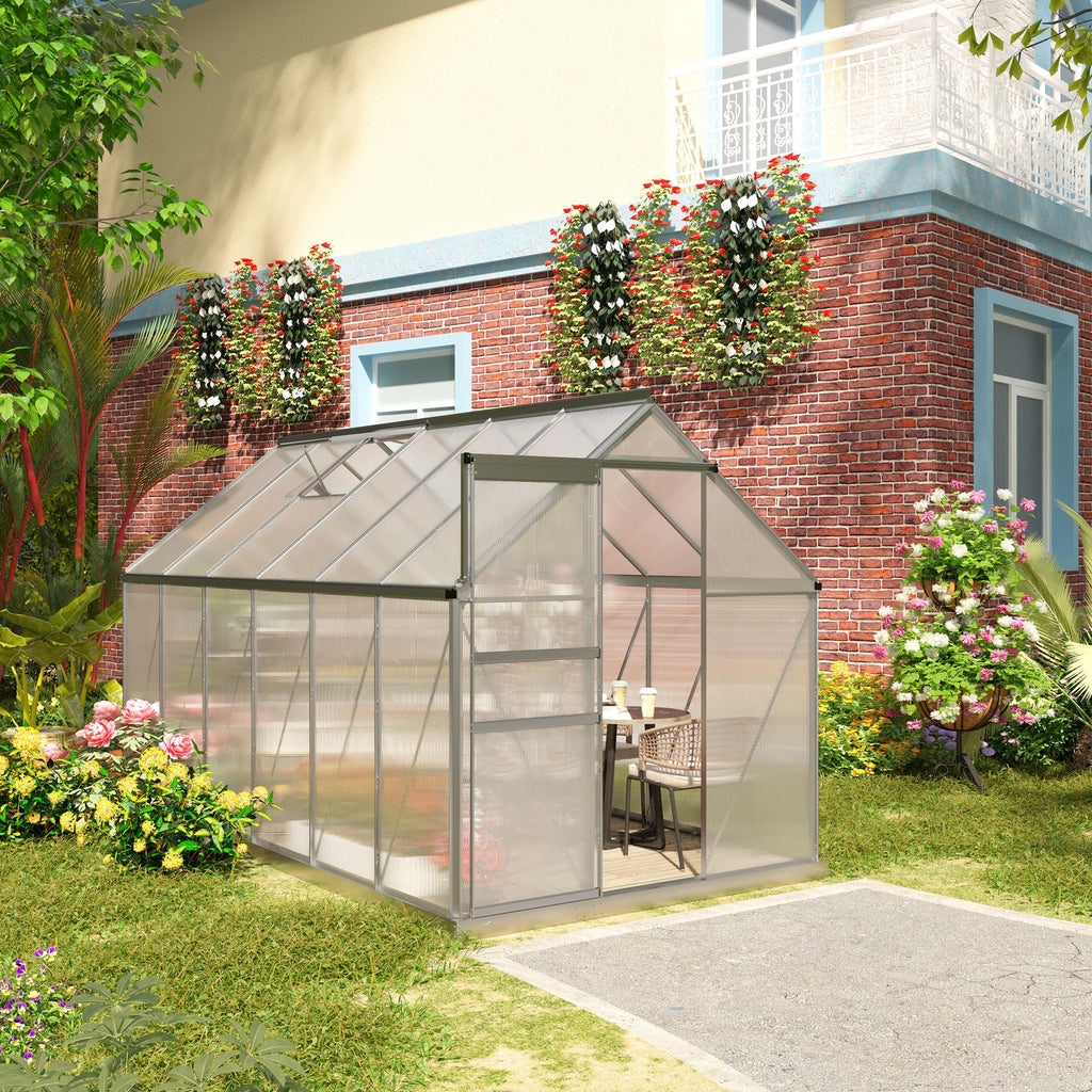 12' x 6' x 6.5' Polycarbonate Greenhouse with Aluminum Frame, Walk-in Heavy Duty Green House with Adjustable Roof Vent, Rain Gutter and Sliding Door for Winter, Silver