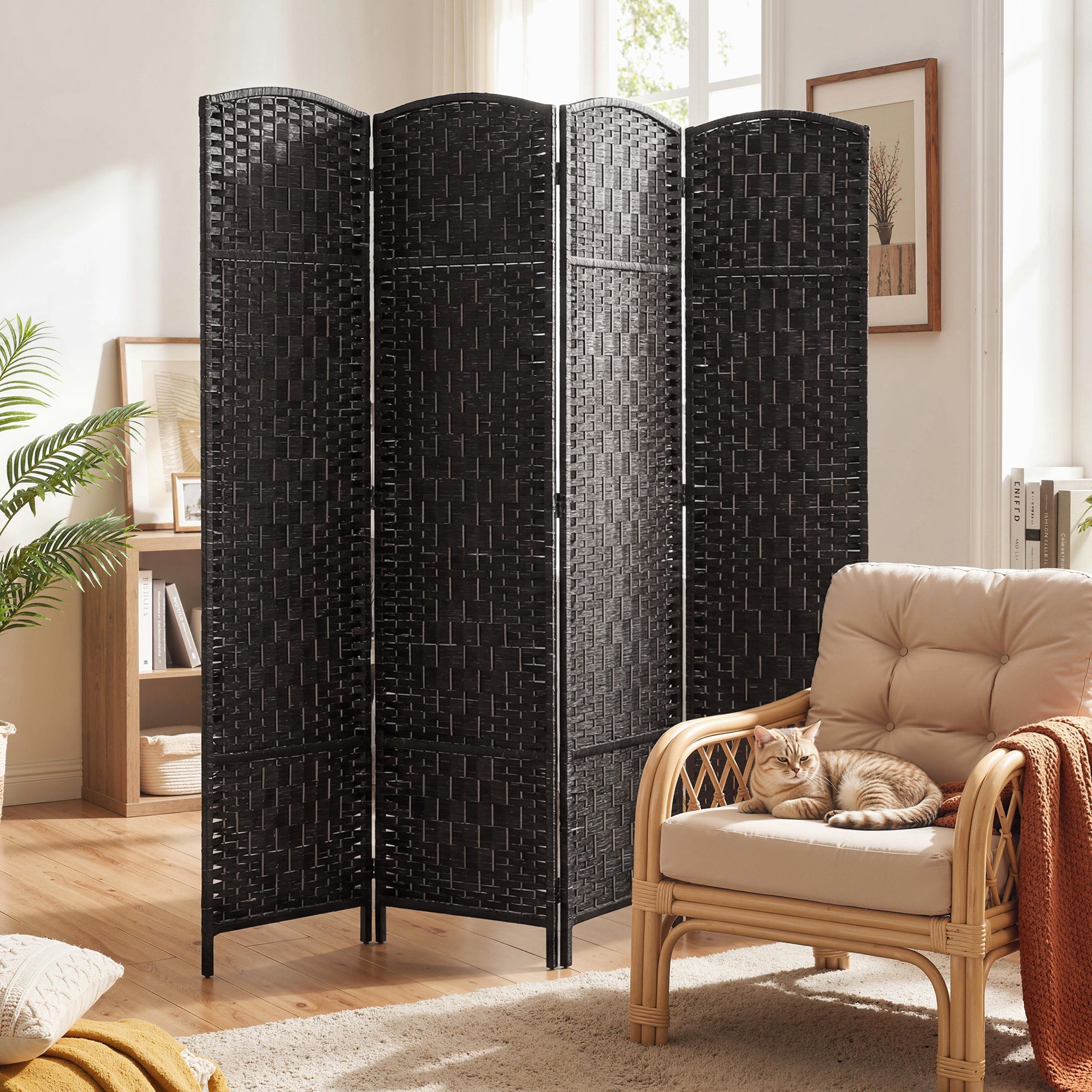 Room Divider, 4 Panel Folding Privacy Screen, 70.9" Tall Portable Weave Partition Wall Divider for Bedroom, Coffee