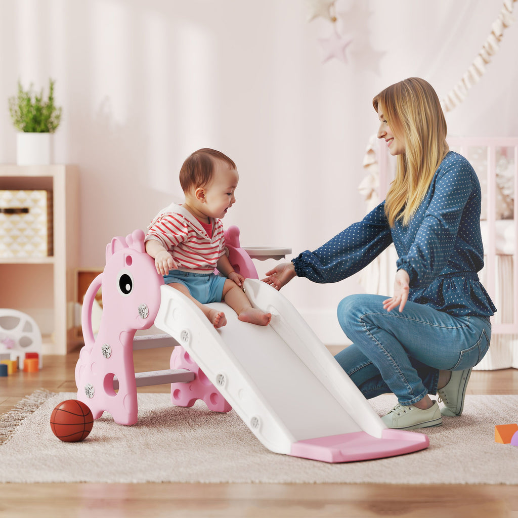 3-in-1 Toddler Slide for Age 1-3, Freestanding Kids Slide with Climber, Basketball Hoop and Ball, Giraffe Design, Pink