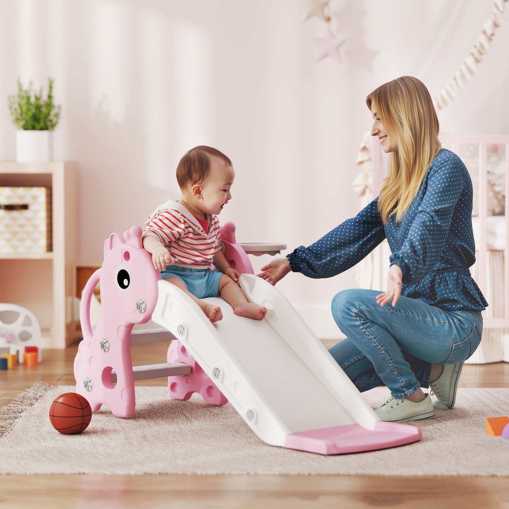 3-in-1 Toddler Slide for Age 1-3, Freestanding Kids Slide with Climber, Basketball Hoop and Ball, Giraffe Design, Pink