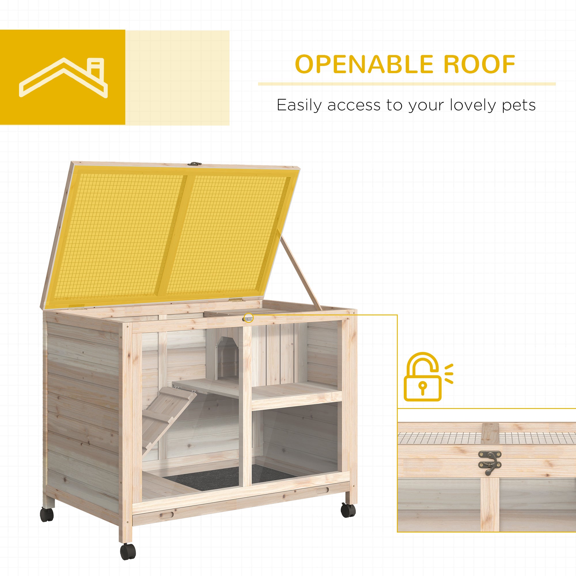 Rabbit Hutch with Wheels, Desk and Side Table Sized, Wooden Rabbit Cage, Waterproof Small Bunny Cage with Removable Tray, Openable Roof, for Rabbits, Chickens, Ducks, Indoor/Outdoor, Natural