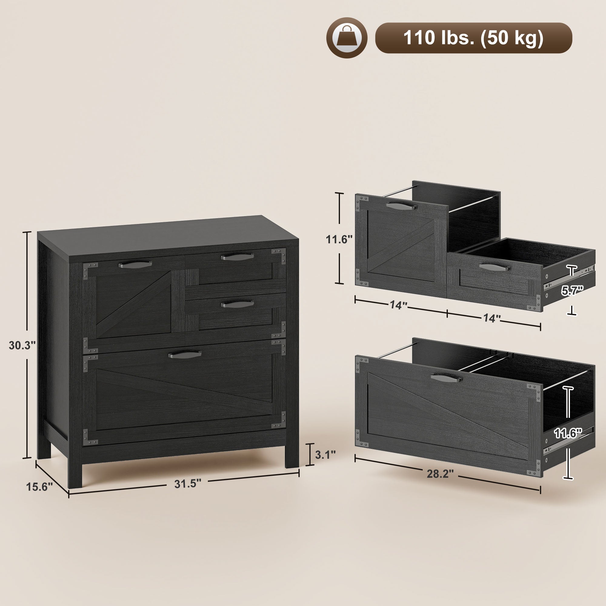 Lateral Filing Cabinet, Farmhouse File Cabinet with 4 Drawers, Fit Letter/A4/Legal Hanging Files, Black