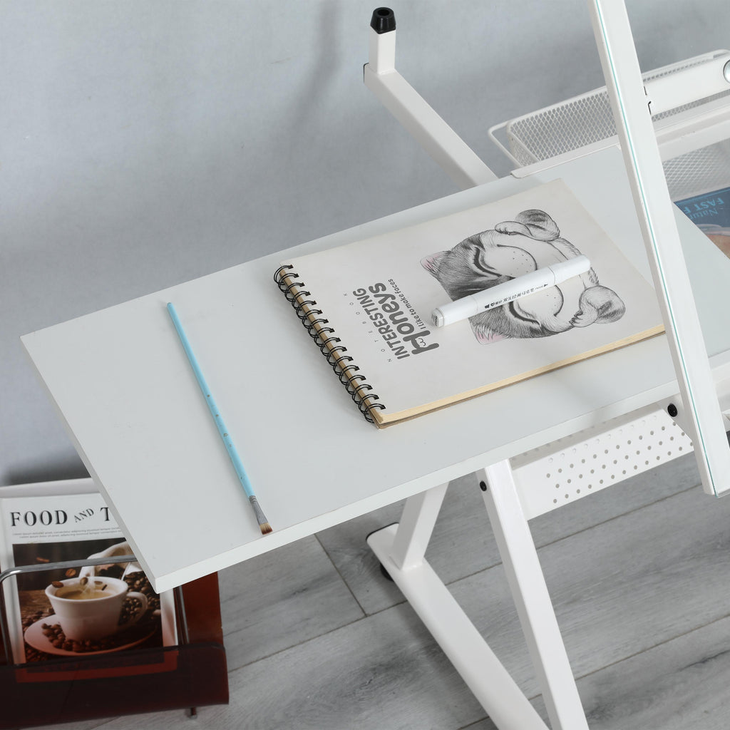 Adjustable Tempered Glass Drafting Table with 2 Metal Drawers, Chair, Powder-Coated Steel Frame Desk for Kids, 40" L x 23.5" W x 27.5" H, White