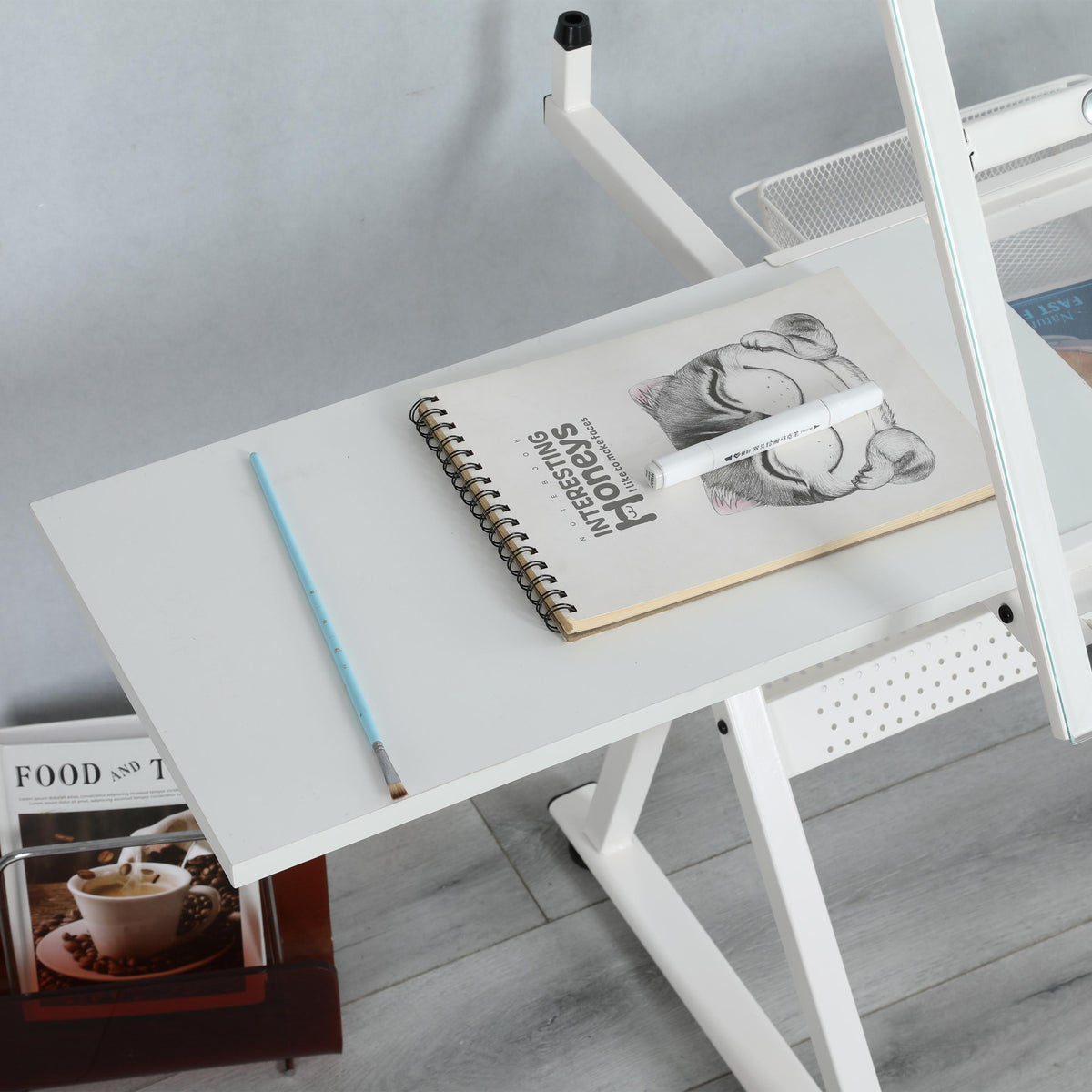 Adjustable Tempered Glass Drafting Table with 2 Metal Drawers, Chair, Powder-Coated Steel Frame Desk for Kids, 40" L x 23.5" W x 27.5" H, White