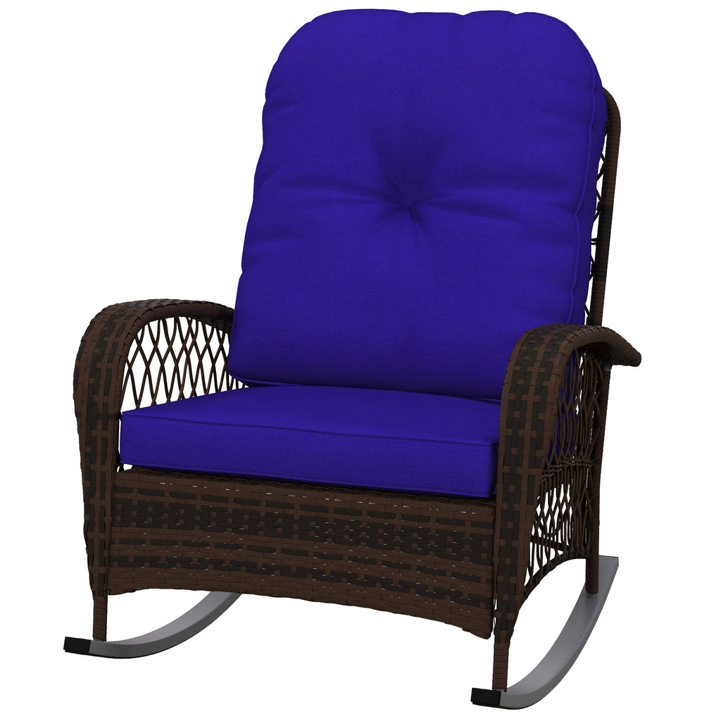 Rattan Porch Rocker w/ Plush Cushion, Dark Blue