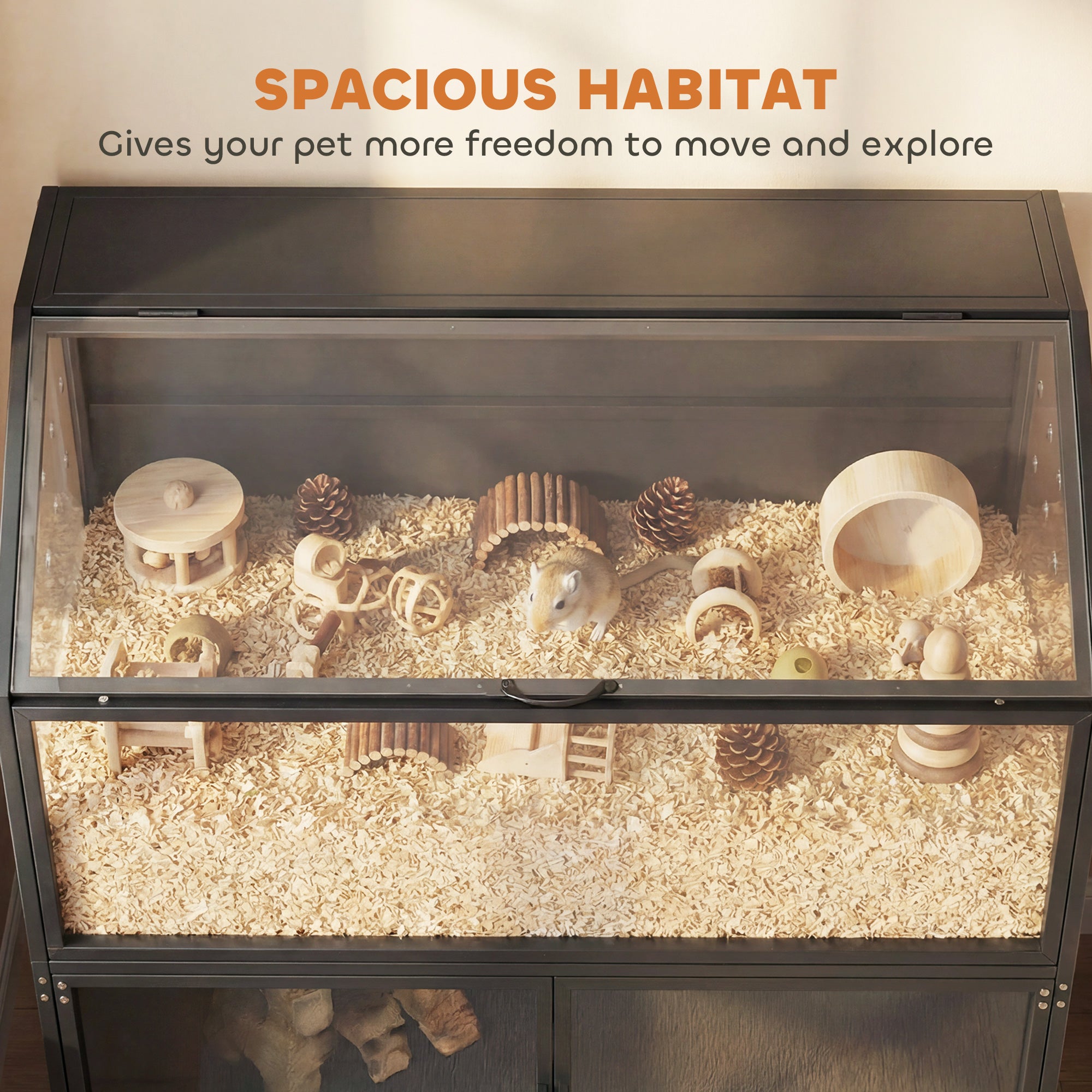 Hamster Cage with Storage Cabinet, Small Animal Cage with Easy View Acrylic Panels and Openable Top, Guinea Pig Habitat