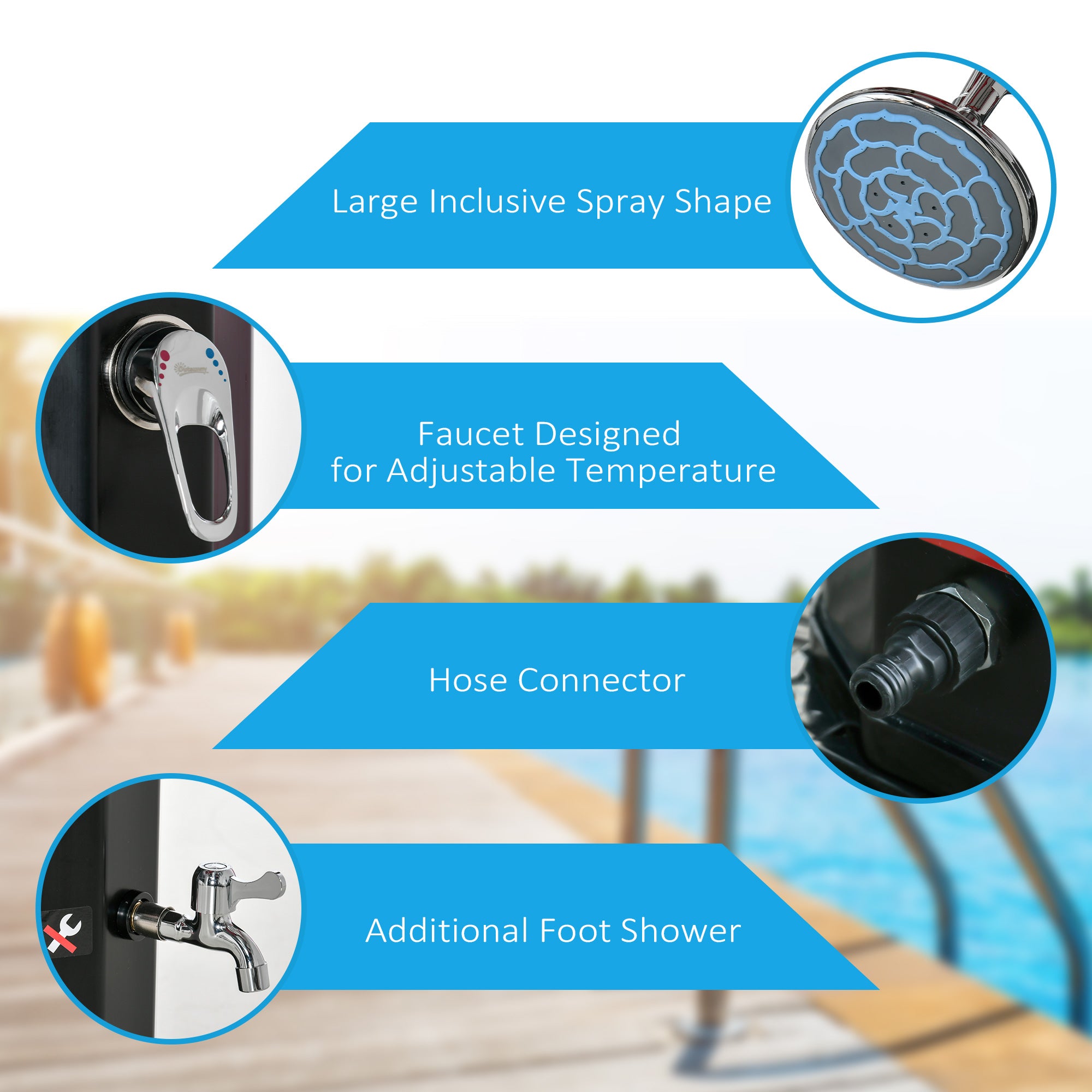 7ft Outdoor Solar Heated Shower with 360 Rotating Shower Head, Foot Shower Faucet, Temperature and Pressure Adjustable, Holds 9.2 Gallons for Backyard Pool
