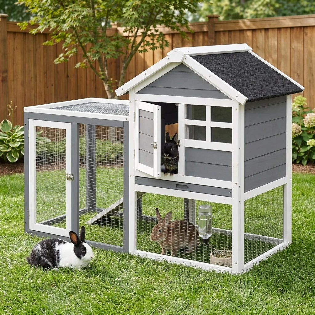 Indoor Rabbit Enclosure, 48" Weatherproof Wooden Rabbit Hutch, with Slanted Asphalt Roof & Fun Outdoor Run for Bunnies & Ferrets - Gray