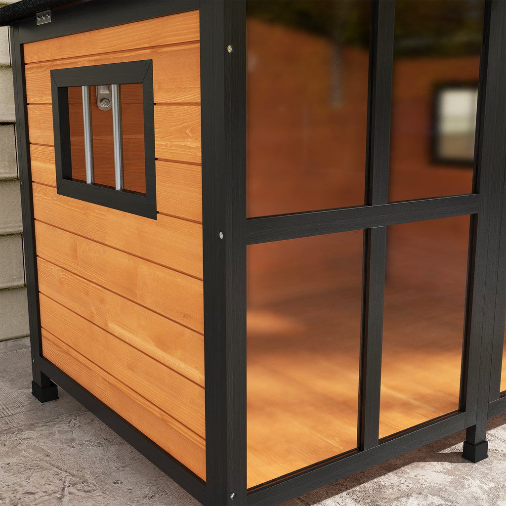 Cabin-Style Wooden Dog House for Large Dogs with Openable Roof & Giant Window, Yellow