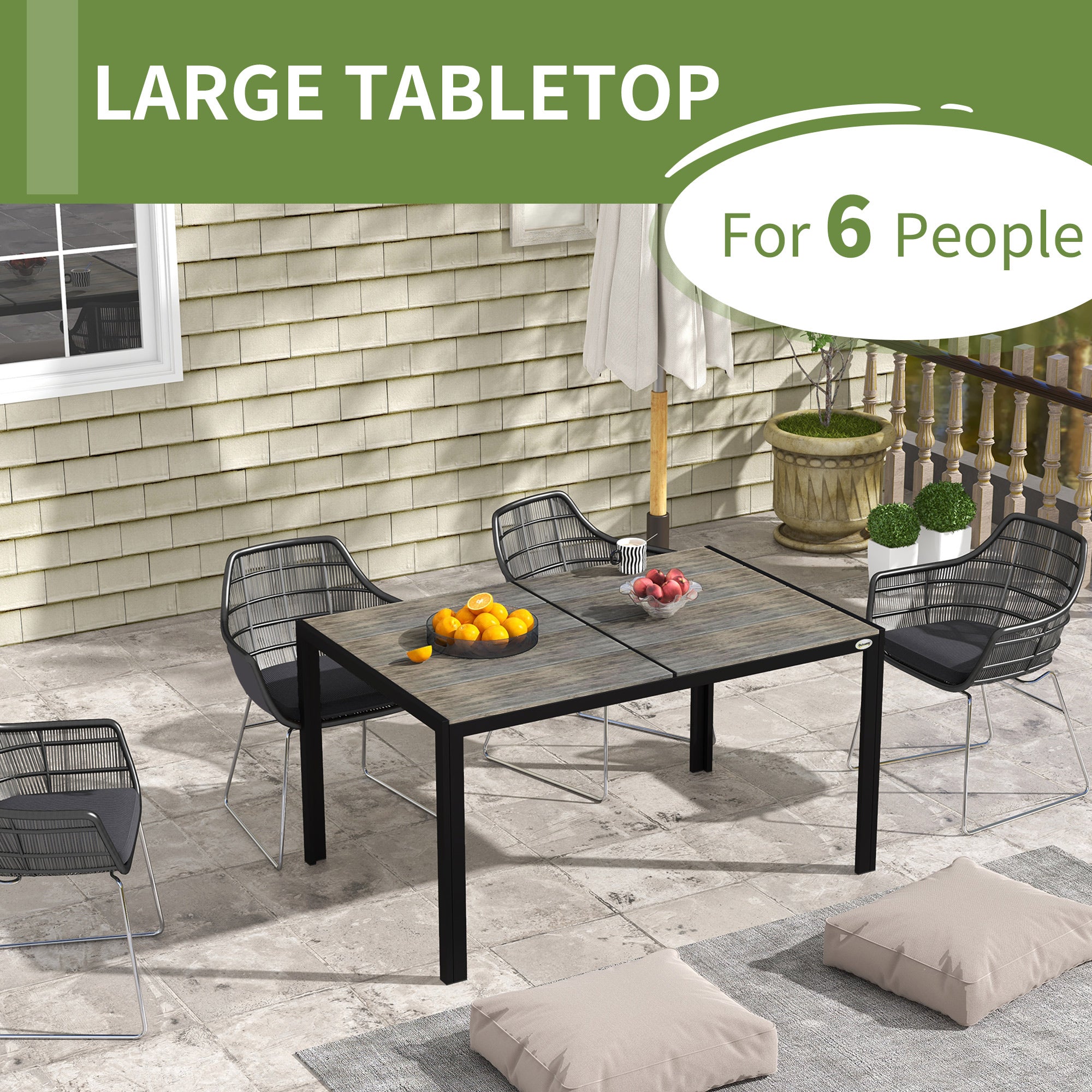 Patio Table for 6 with Aluminum Frame, Faux Wood Tabletop, Rectangular Outdoor Table for Backyard, Lawn, Balcony, Gray