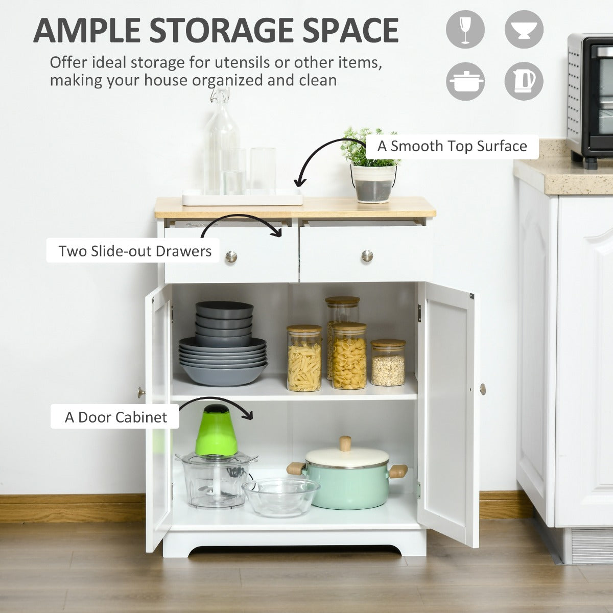 Kitchen Storage Cabinet, Sideboard Floor Cupboard with Solid Wood Top, Adjustable Shelf, and 2 Drawers for Living Room, and Hallway, White