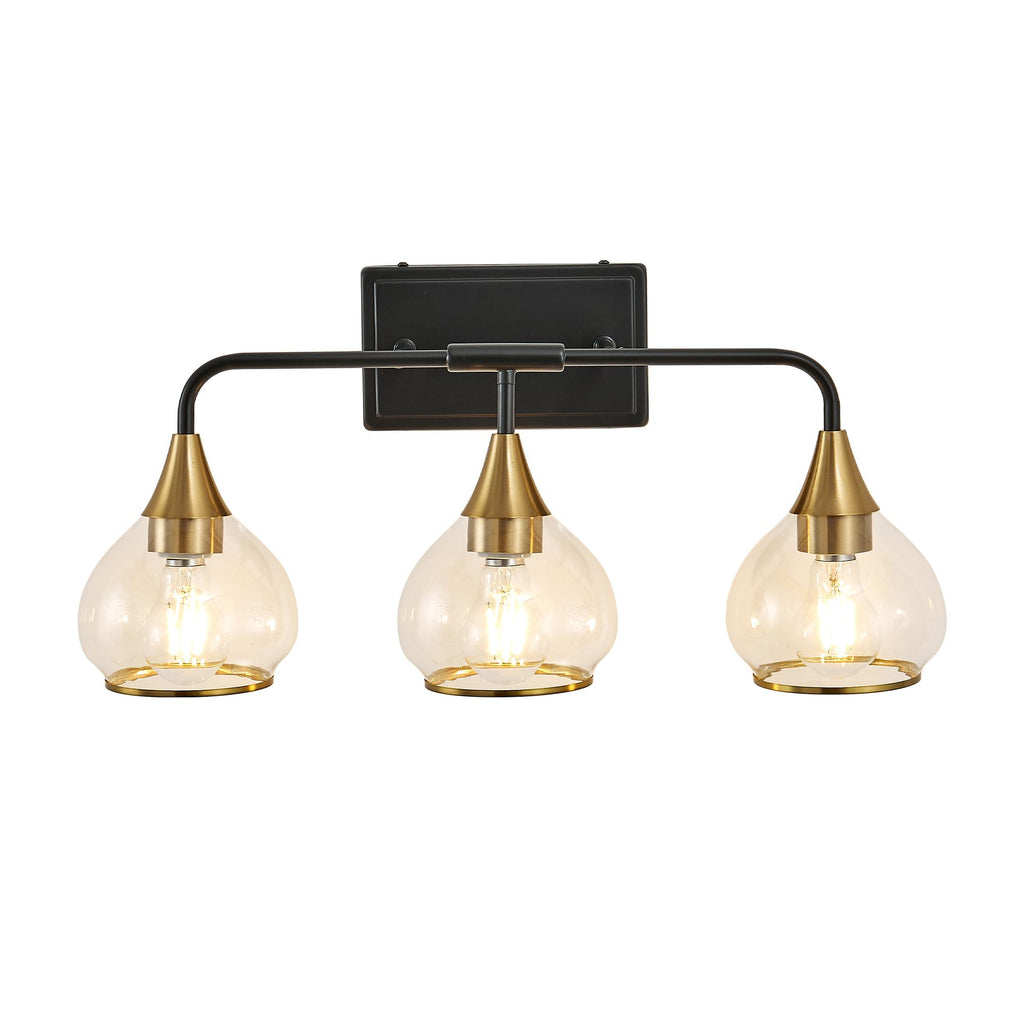 23" Industrial 3-Light Vanity Wall Sconce with Clear Glass Shades, Wall Mounted Lamp for Bathroom, Bedroom, 23" L x 8" W x 11" H, Black+Gold