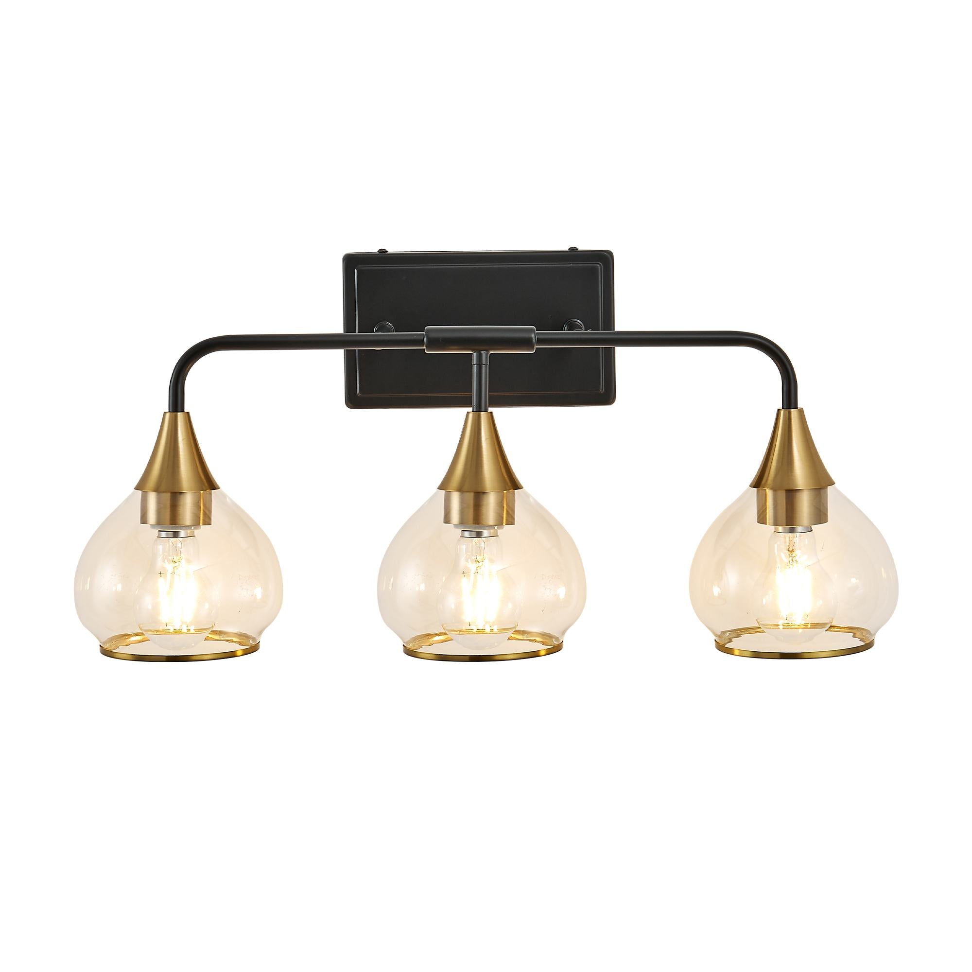 23" Industrial 3-Light Vanity Wall Sconce with Clear Glass Shades, Wall Mounted Lamp for Bathroom, Bedroom, 23" L x 8" W x 11" H, Black+Gold