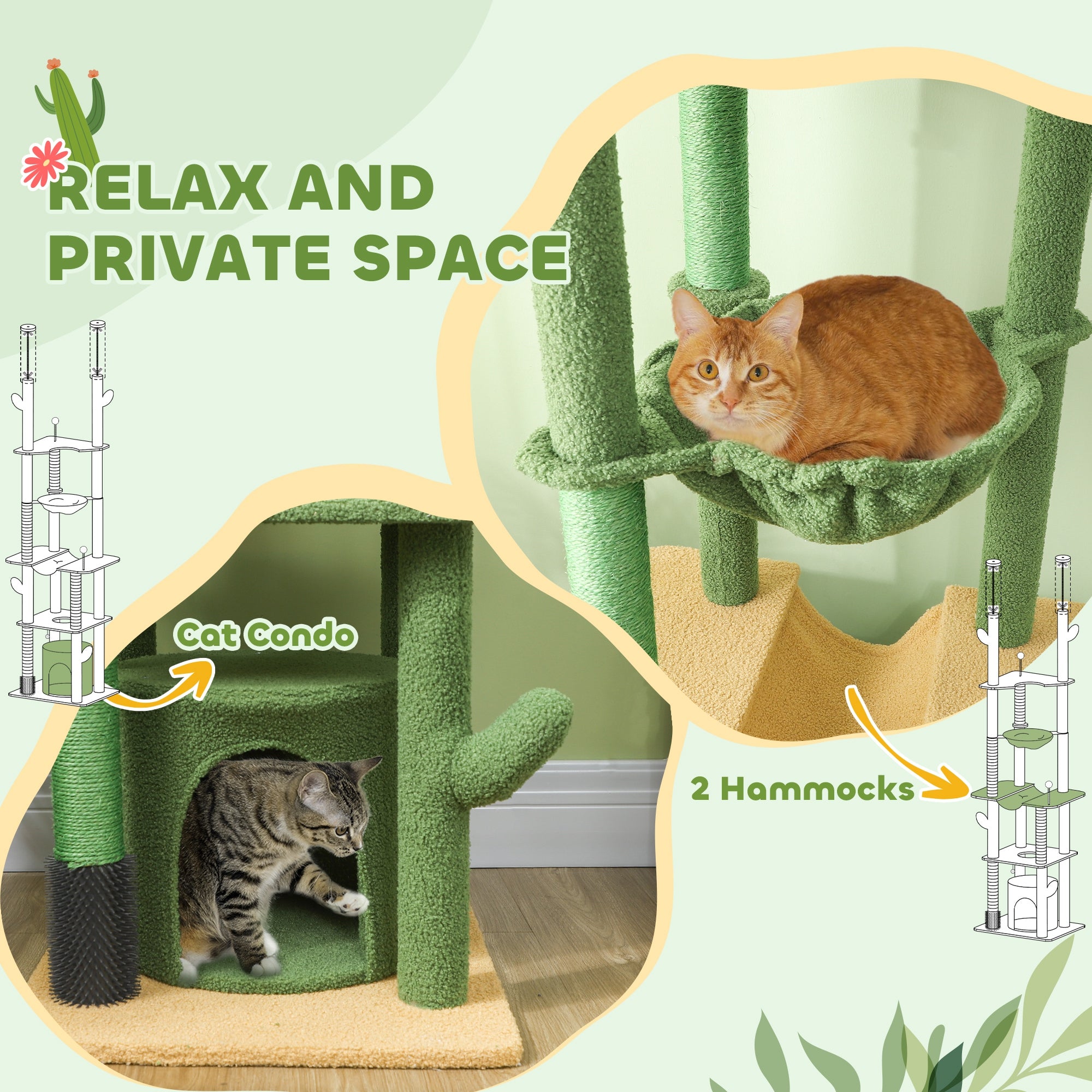 89"-100" Floor to Ceiling Cat Tree, Cat Climbing Tower with Grooming Brush Post, Cat Condo, Hammock, Green