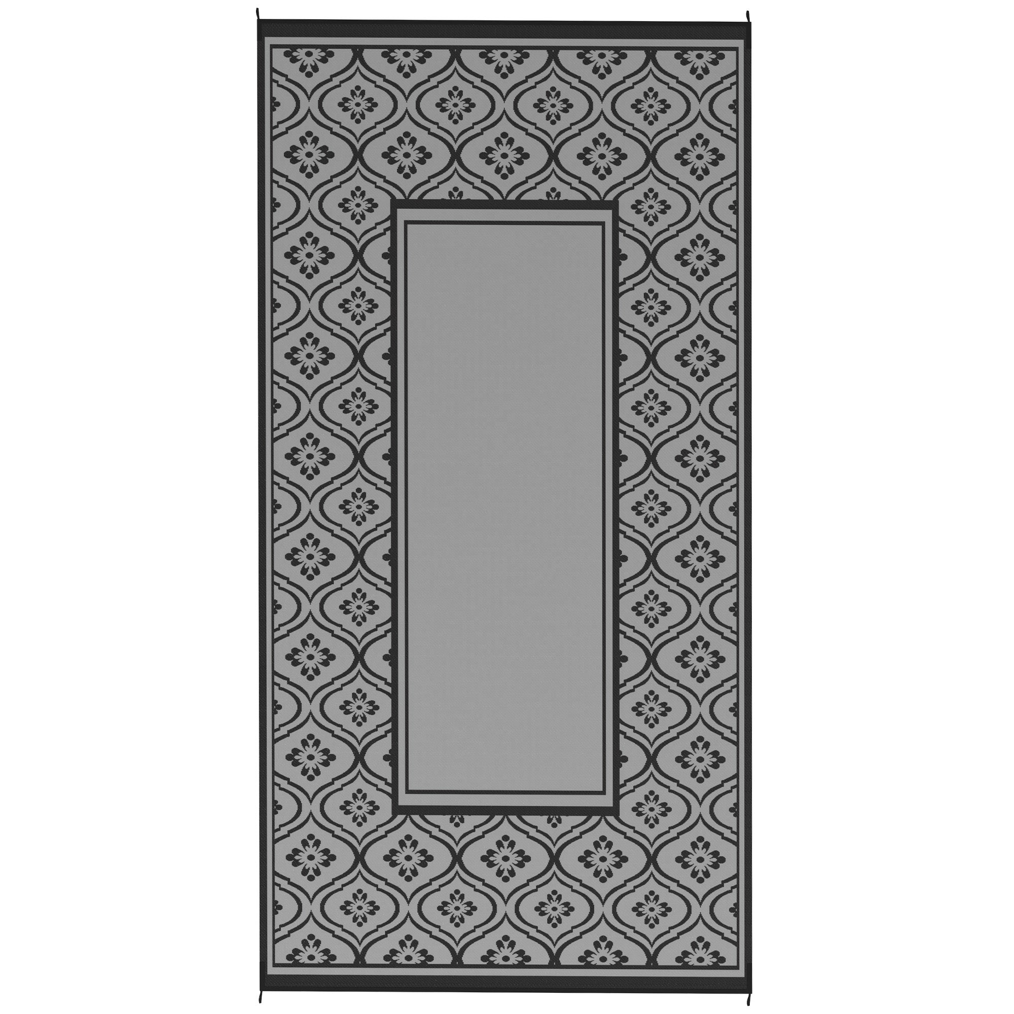 Reversible Outdoor Rug, Waterproof Plastic Straw with Carry Bag, 9' x 18', Black & Gray Gourd Border