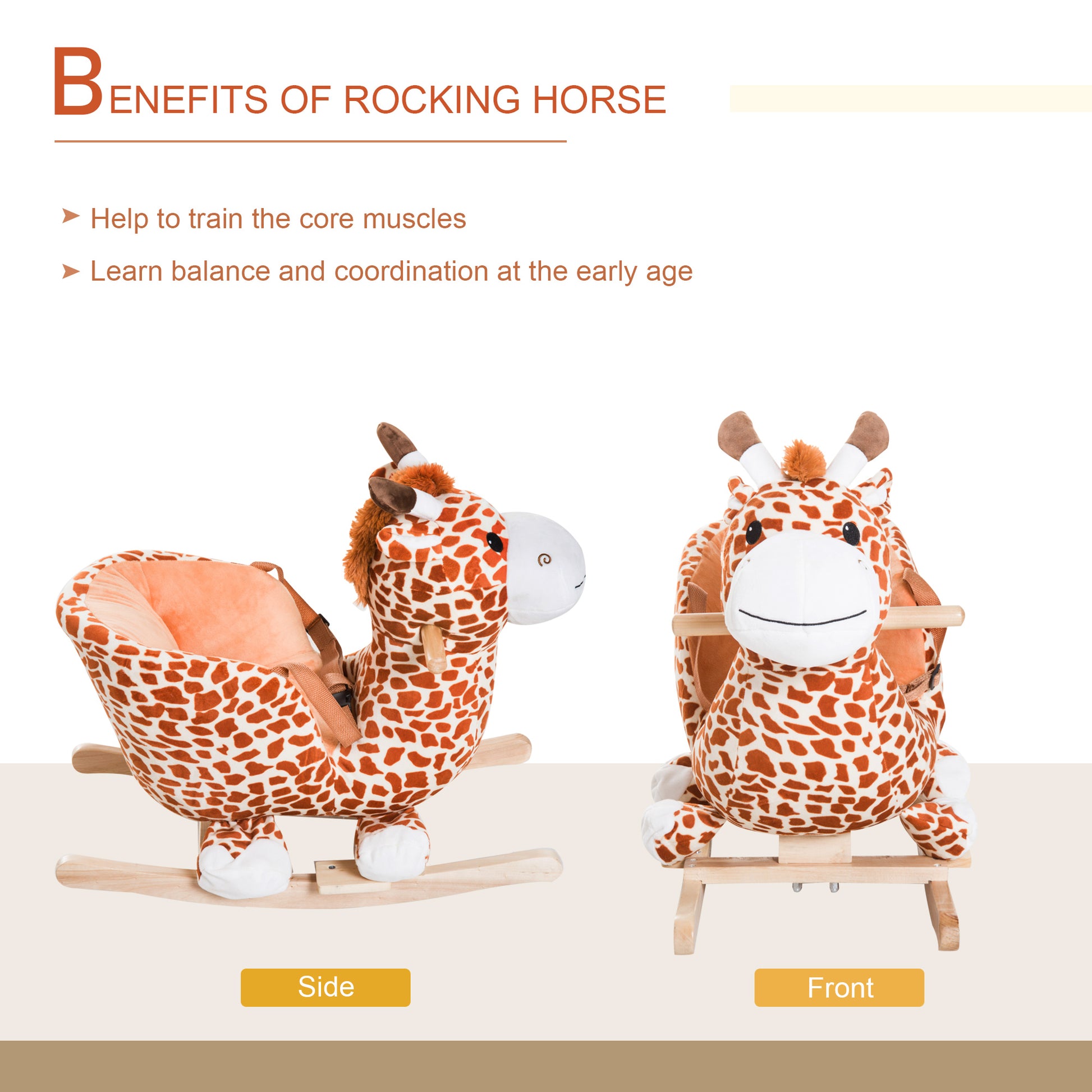 Kids Plush Rocking Horse Giraffe Style Themed Ride-On Chair Toy With Sound Brown