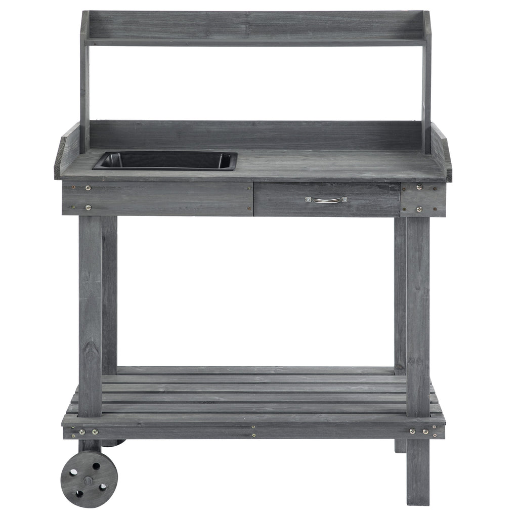 36'' Wooden Potting Bench Work Table with 2 Removable Wheels, Sink, Drawer & Large Storage Spaces, Gray