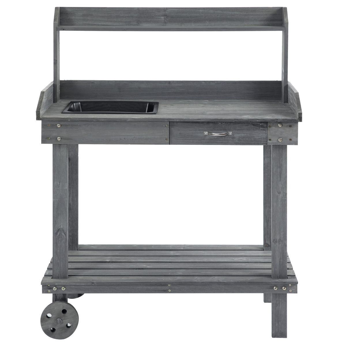 36'' Wooden Potting Bench Work Table with 2 Removable Wheels, Sink, Drawer & Large Storage Spaces, Gray