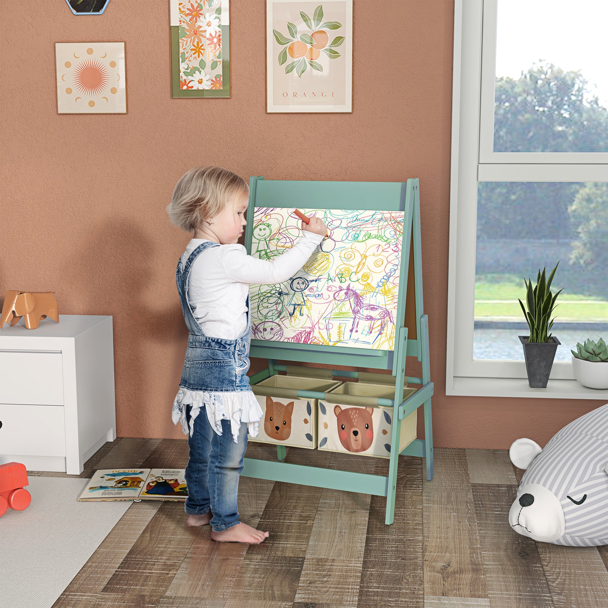 Art Easel for Kids with Paper Roll, Blackboard, Whiteboard, Storage