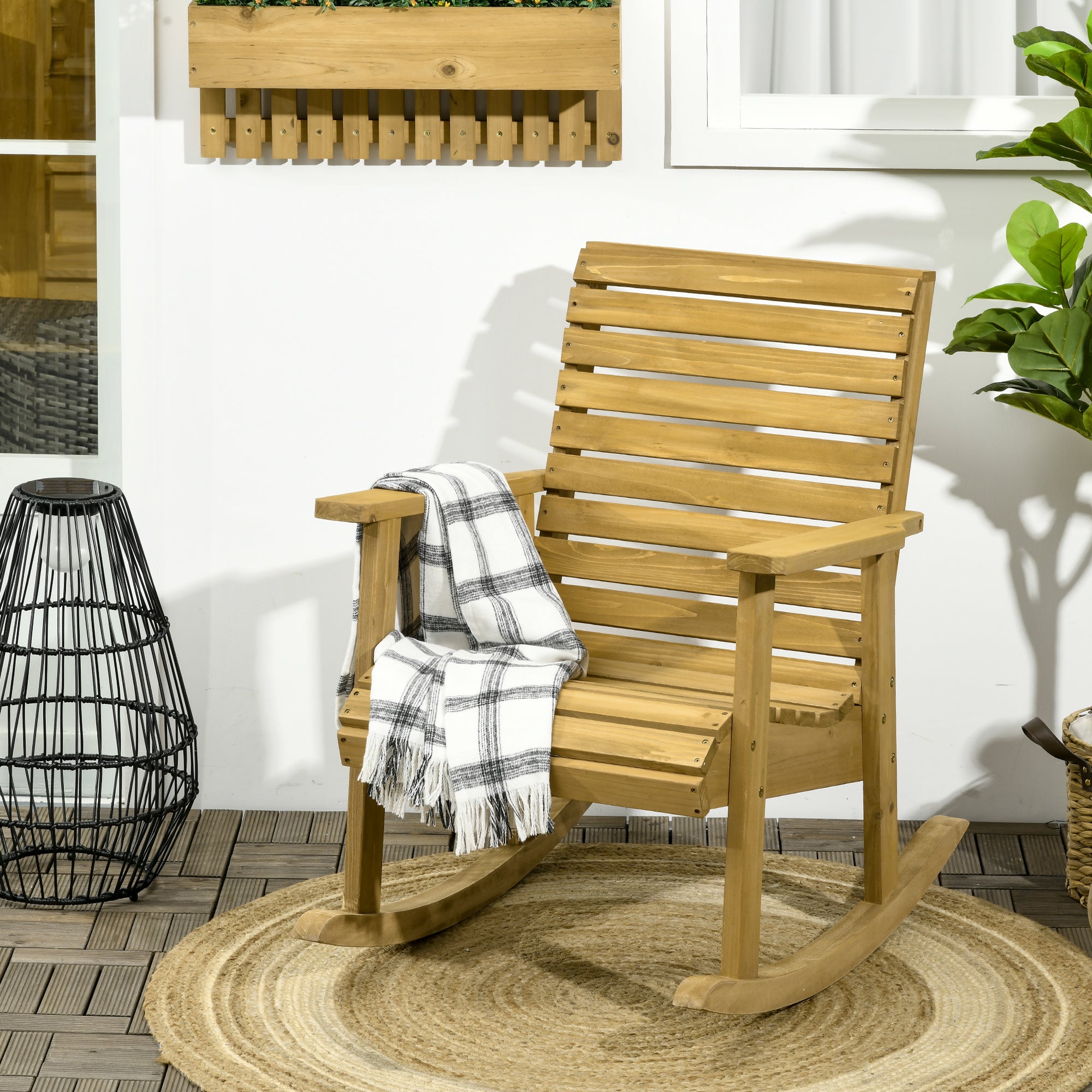Wooden Outdoor Rocking Chair, Traditional Slatted Wood Rocker Chair with Armrests and High Backrest for Indoor & Outdoor, Light Brown