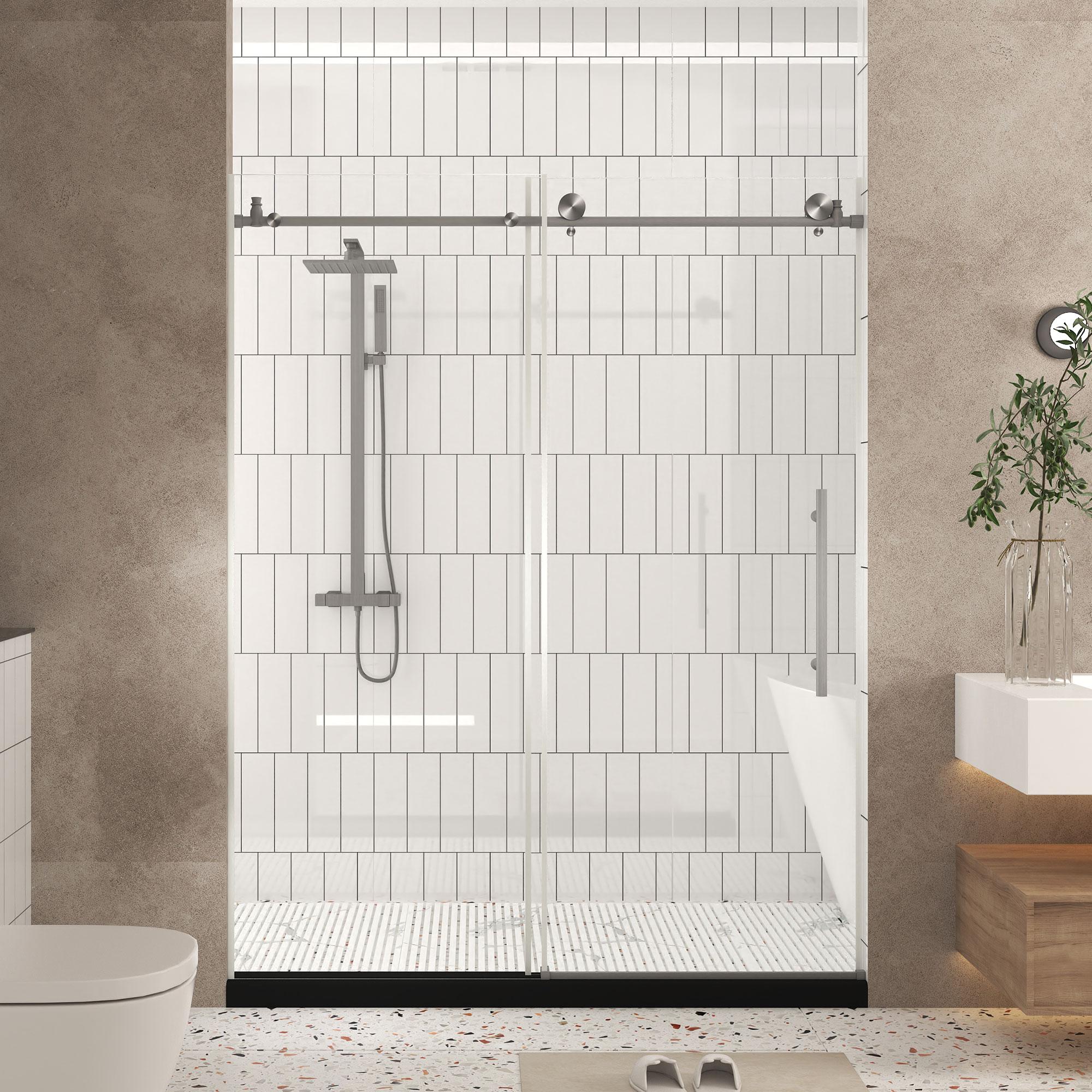 Frameless Shower Door with Anti-Shatter Safety Film and Bottom Water-Blocking Strip, Panel for Bathroom, 60" L x 0.5" W x 76" H, Brushed Nickel