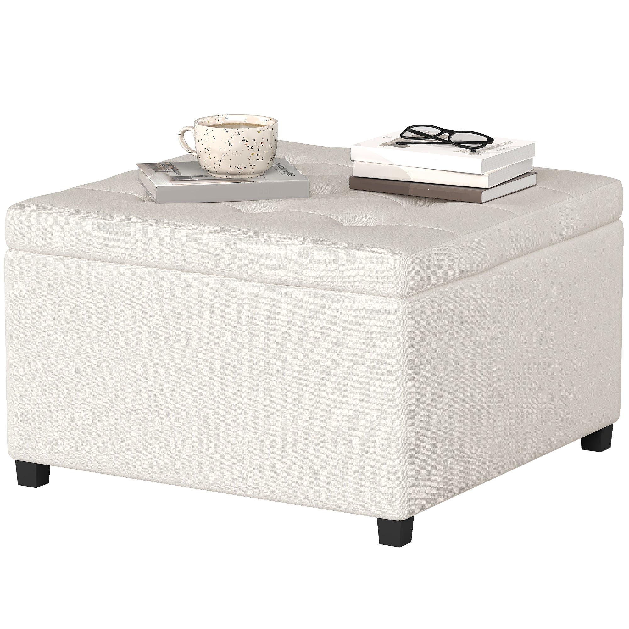 Round Storage Ottoman Bench, Button Tufted Ottoman with Flip Top for Living Room, Entryway and Bedroom, Beige