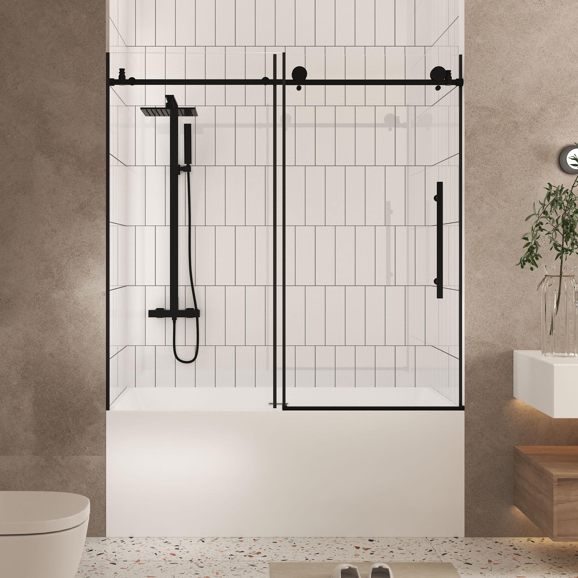 Frameless Sliding Shower Door with Smooth Quiet Stainless Steel Rollers & Round Tracks, Panel for Bathroom, 60" L x 0.5" W x 60" H, Matte Black