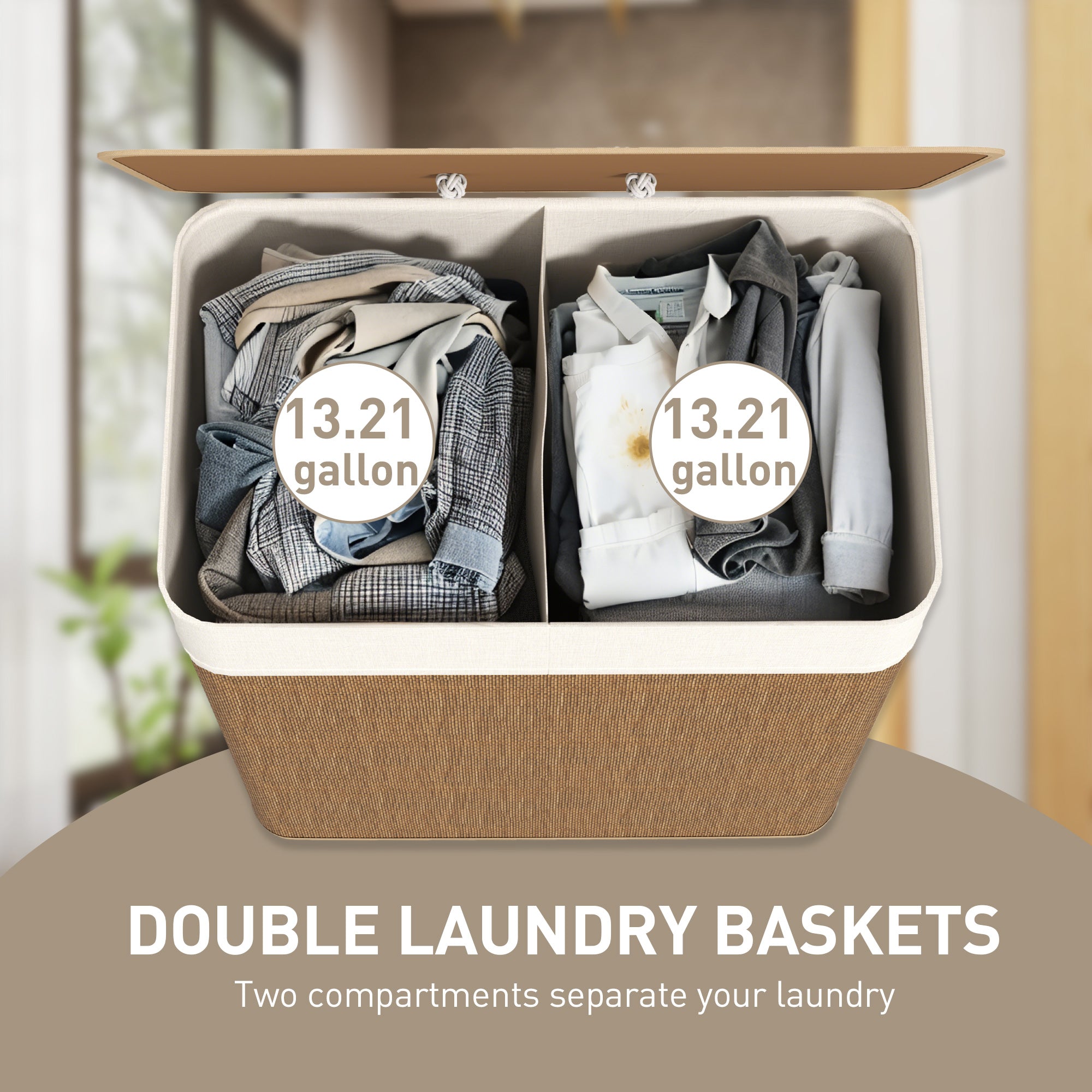 Double Laundry Basket with Lid, 26.4 Gallon Bamboo Laundry Hamper with Rope Handles and Removable Liner, Brown