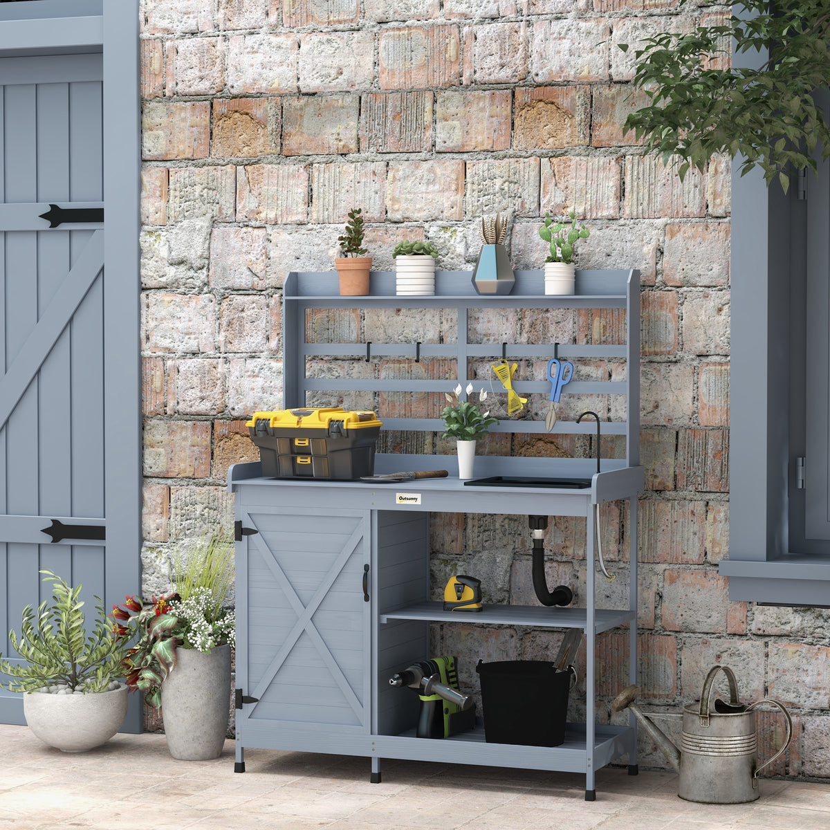 Wooden Potting Bench with Storage, Sink, Water Tap for Backyard, Patio, Balcony, Gray