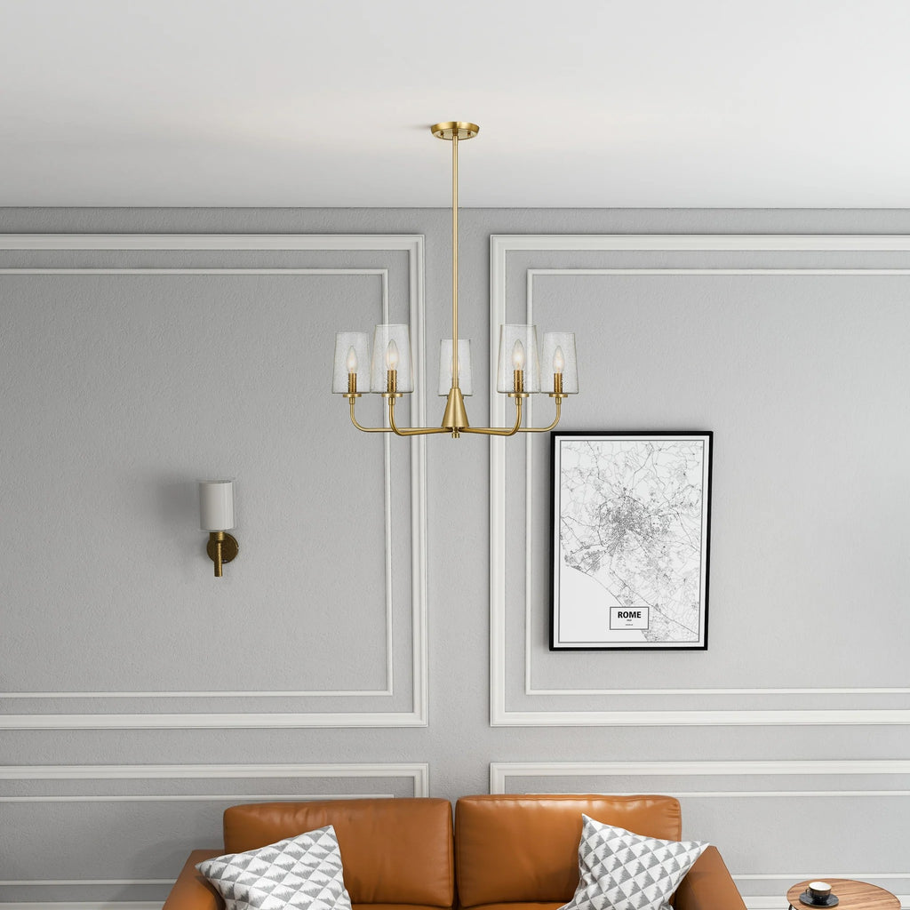 Dazzle Five-Light Chandelier with Clear Seeded Glass, Satin Brass Finish, Elegant and Sophisticated Design, 26.5" L x 26.5" W x 11" H, Clear+Gold