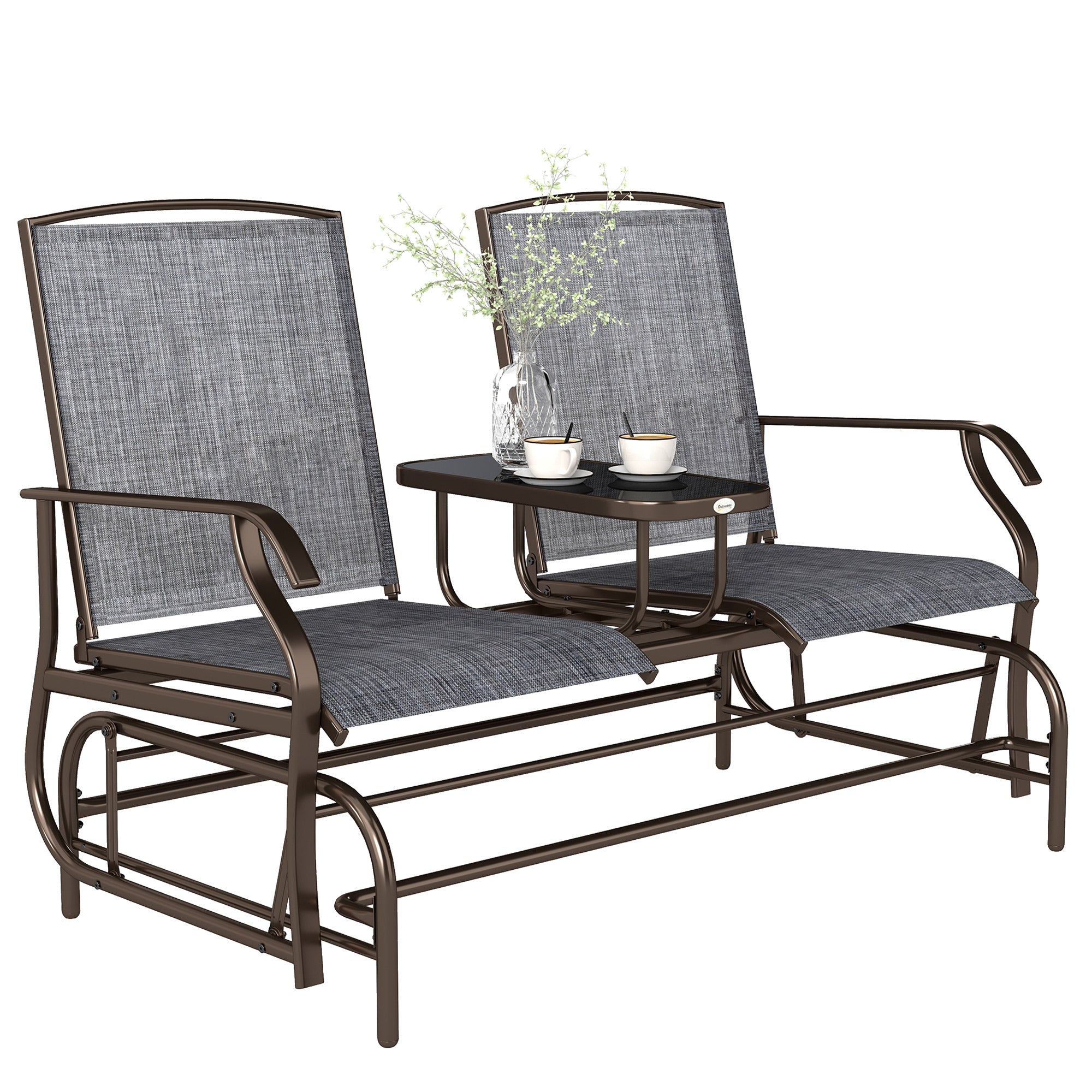 2-Seat Outdoor Glider Swing, Center Coffee Table and Independent Chairs, Supports Up to 352 lbs., Loveseat with Breathable Sling for Backyard, Garden, and Porch, Brown
