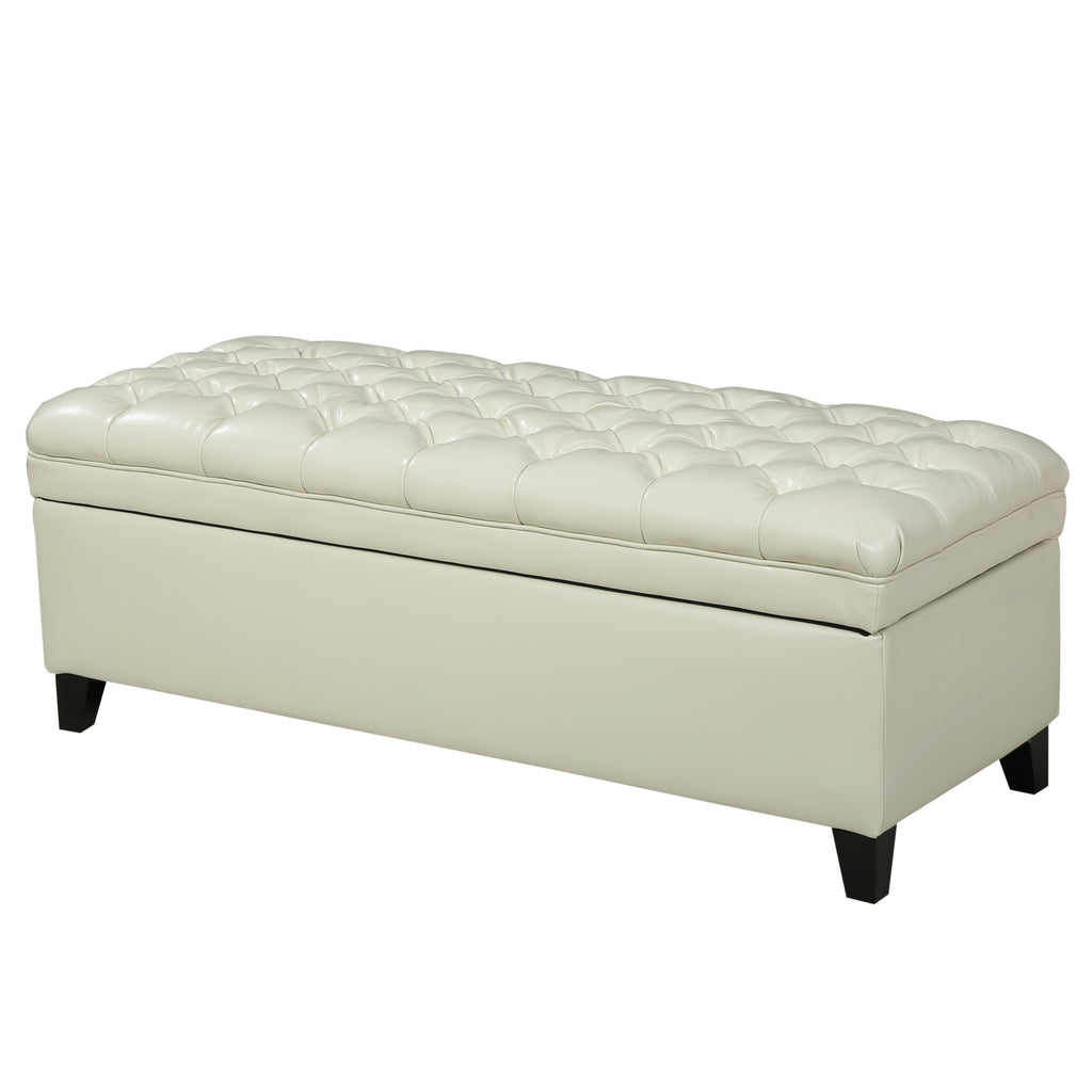 Storage Ottoman with Birch Legs, Faux Leather Tufted, 50" L x 20.5" W x 18.25" H, Spot Clean, Ivory