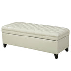 Storage Ottoman with Birch Legs, Faux Leather Tufted, 50" L x 20.5" W x 18.25" H, Spot Clean, Ivory
