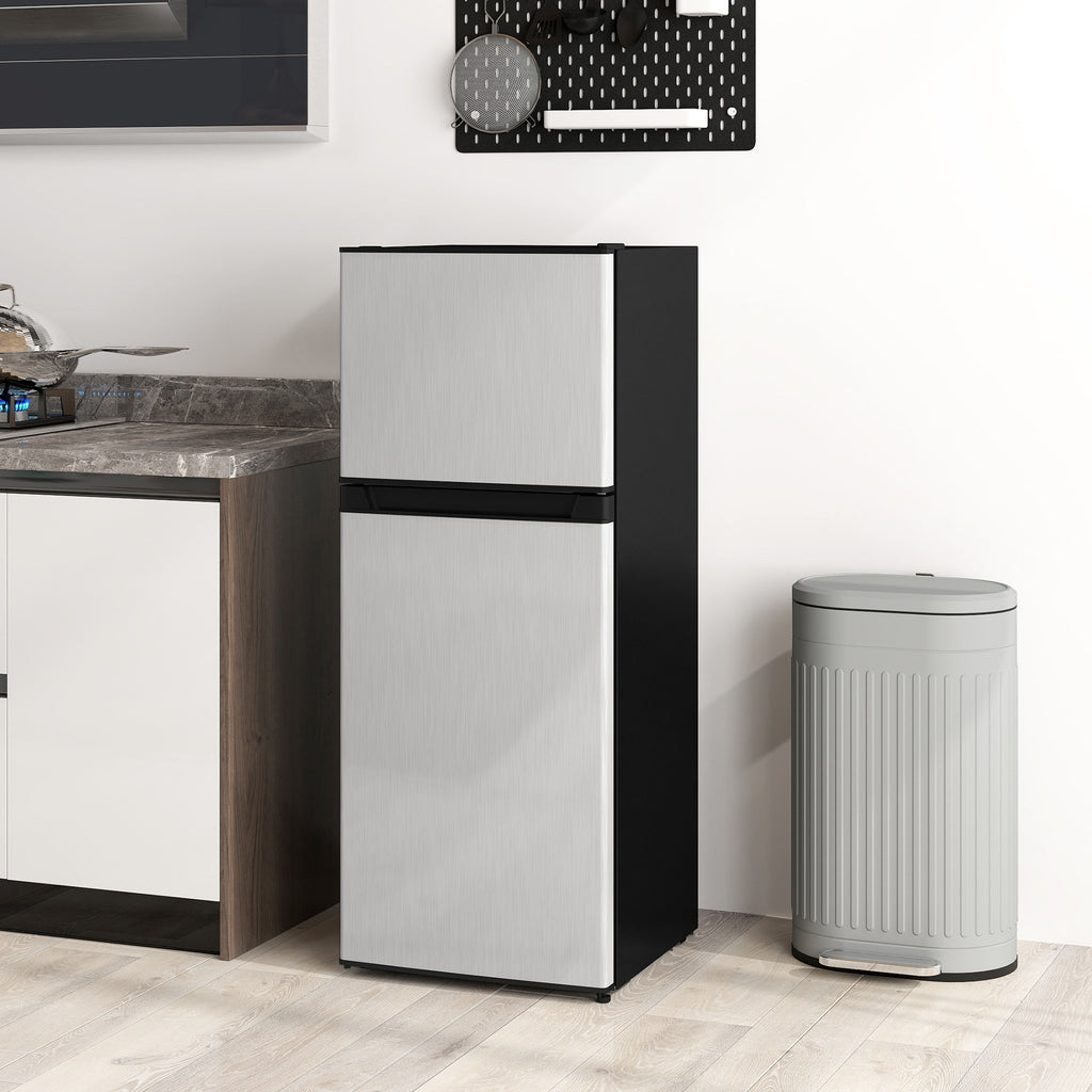 Small Fridge with Freezer, 4 Cu Ft Refrigerator with Reversible Doors, Silver