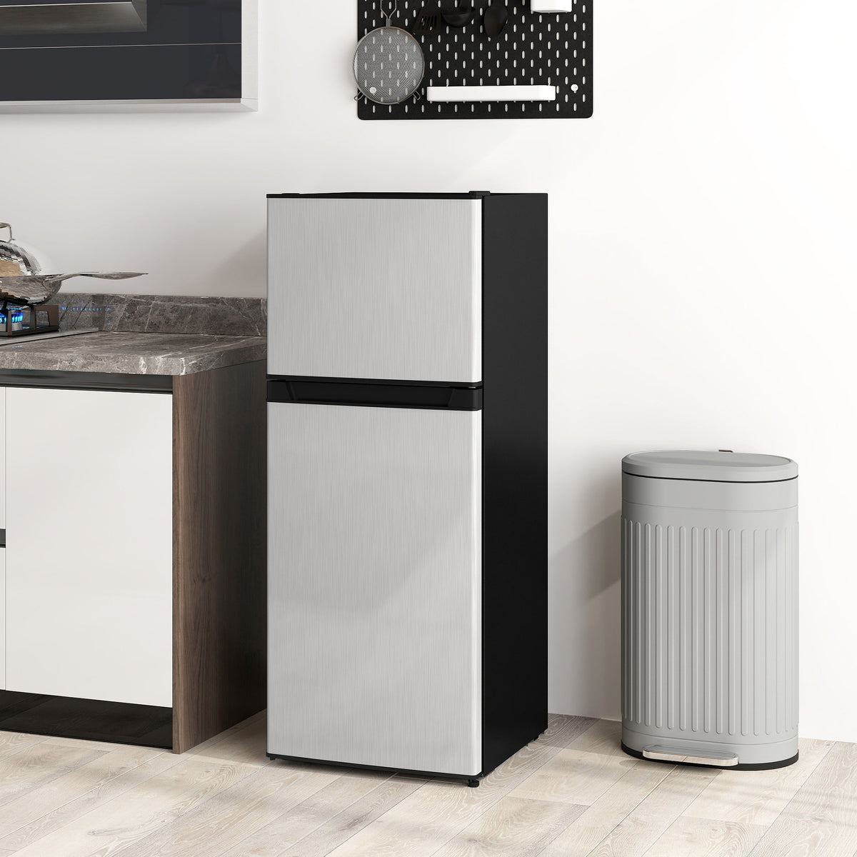 Small Fridge with Freezer, 4 Cu Ft Refrigerator with Reversible Doors, Silver
