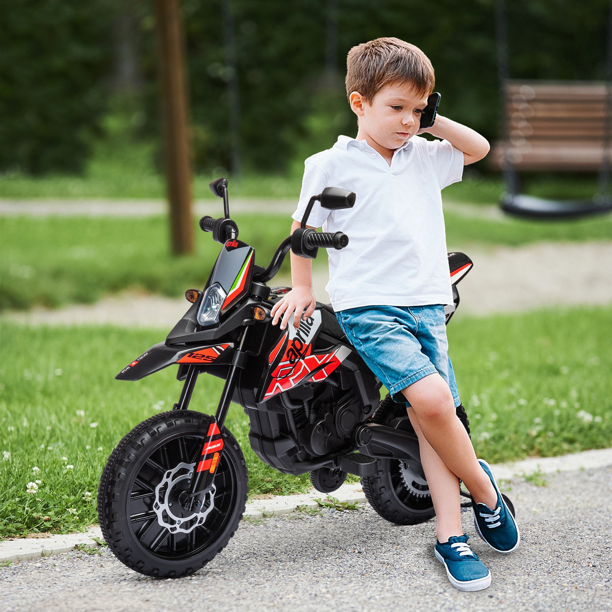 12V Aprilia Licenced Kids Motorcycle with Training Wheels, Spring Suspension, LED Light, USB, Music, Red
