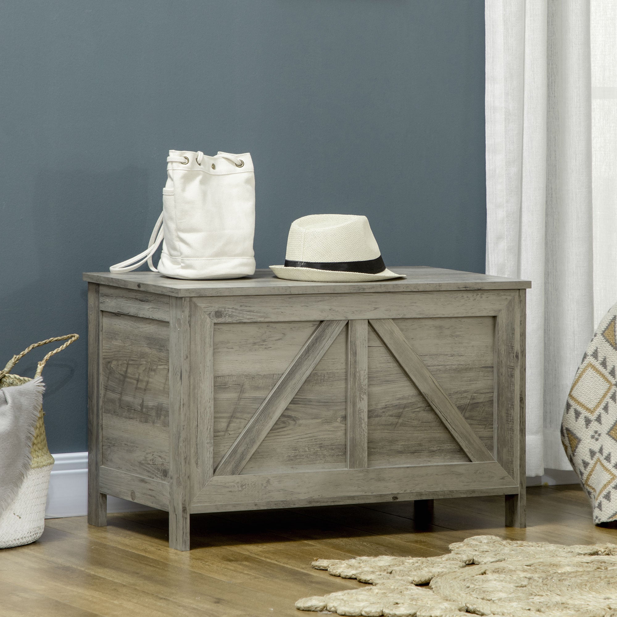 30" Farmhouse Storage Bench, Lift Top Storage Chest with Safety Hinge to Open Up 100°, Wooden Trunk for Bedroom, Entryway, Living Room, Gray