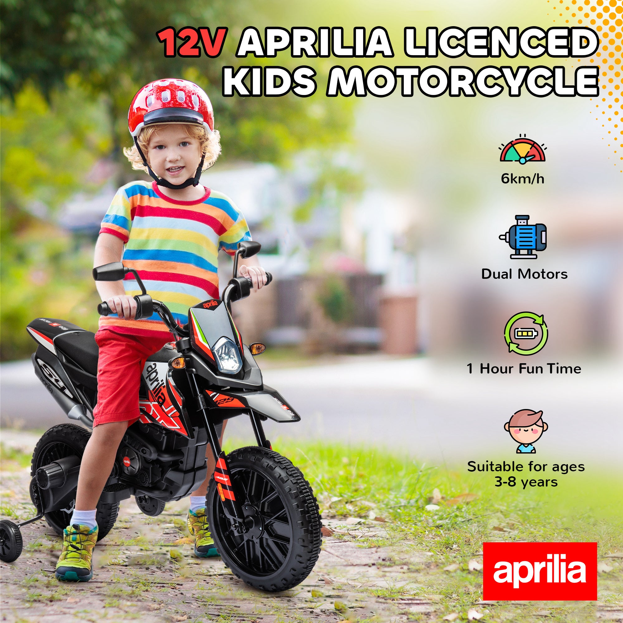 12V Aprilia Licenced Kids Motorcycle with Training Wheels, Spring Suspension, LED Light, USB, Music, Red