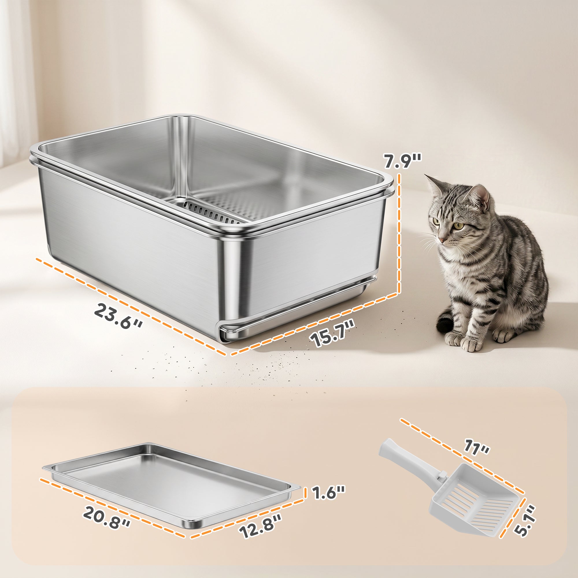 Stainless Steel Litter Box, XL Sifting Cat Litter Box for Medium, Large Cat, Non-Sticky, Odour Free, Easy Clean, Silver