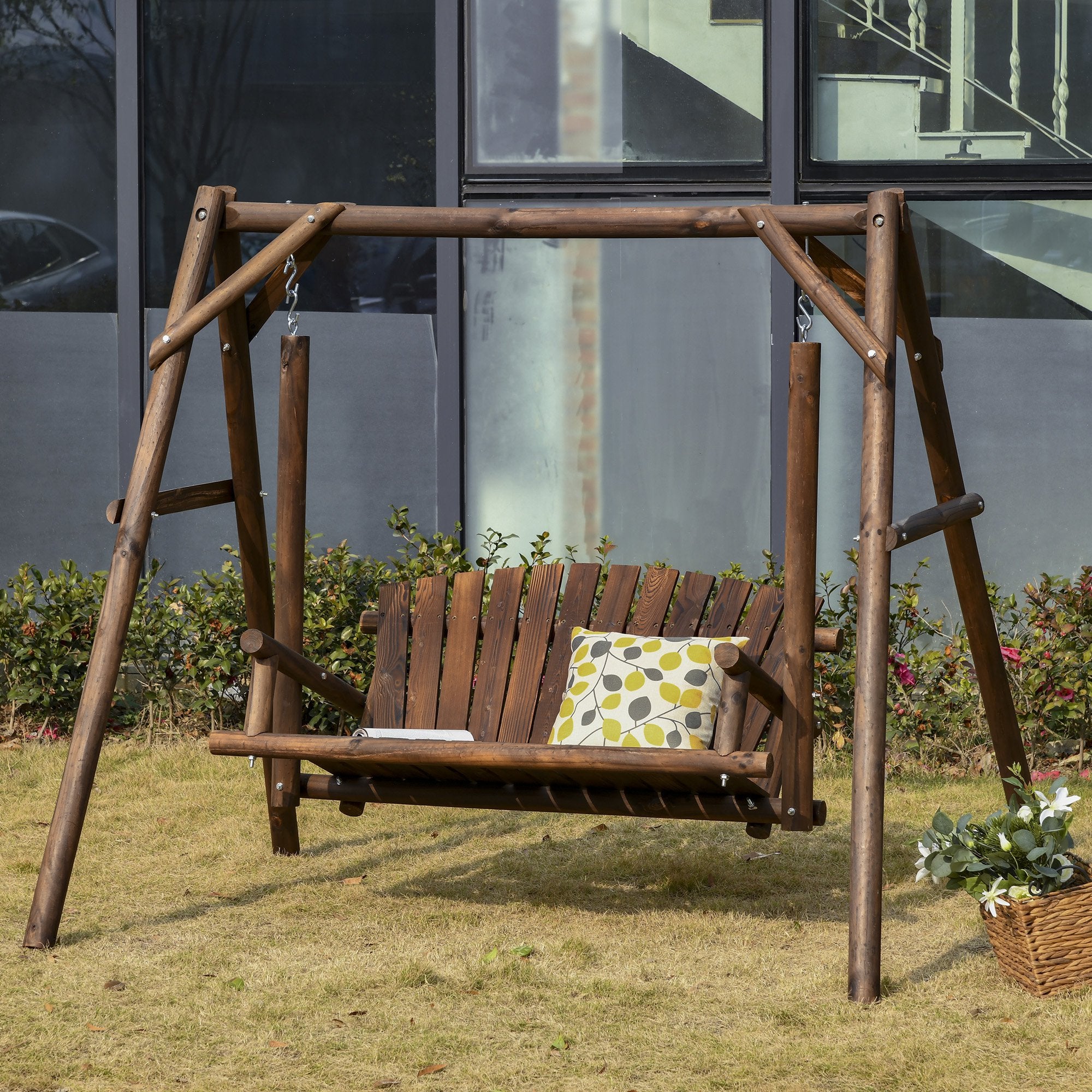 2-Seat Wooden Swing Bench, Ergonomic Design, 'A' Frame Construction, Stable and Non-Slip, Solid Wood Frame Log Garden Swing, for Outdoor and Indoor, Brown