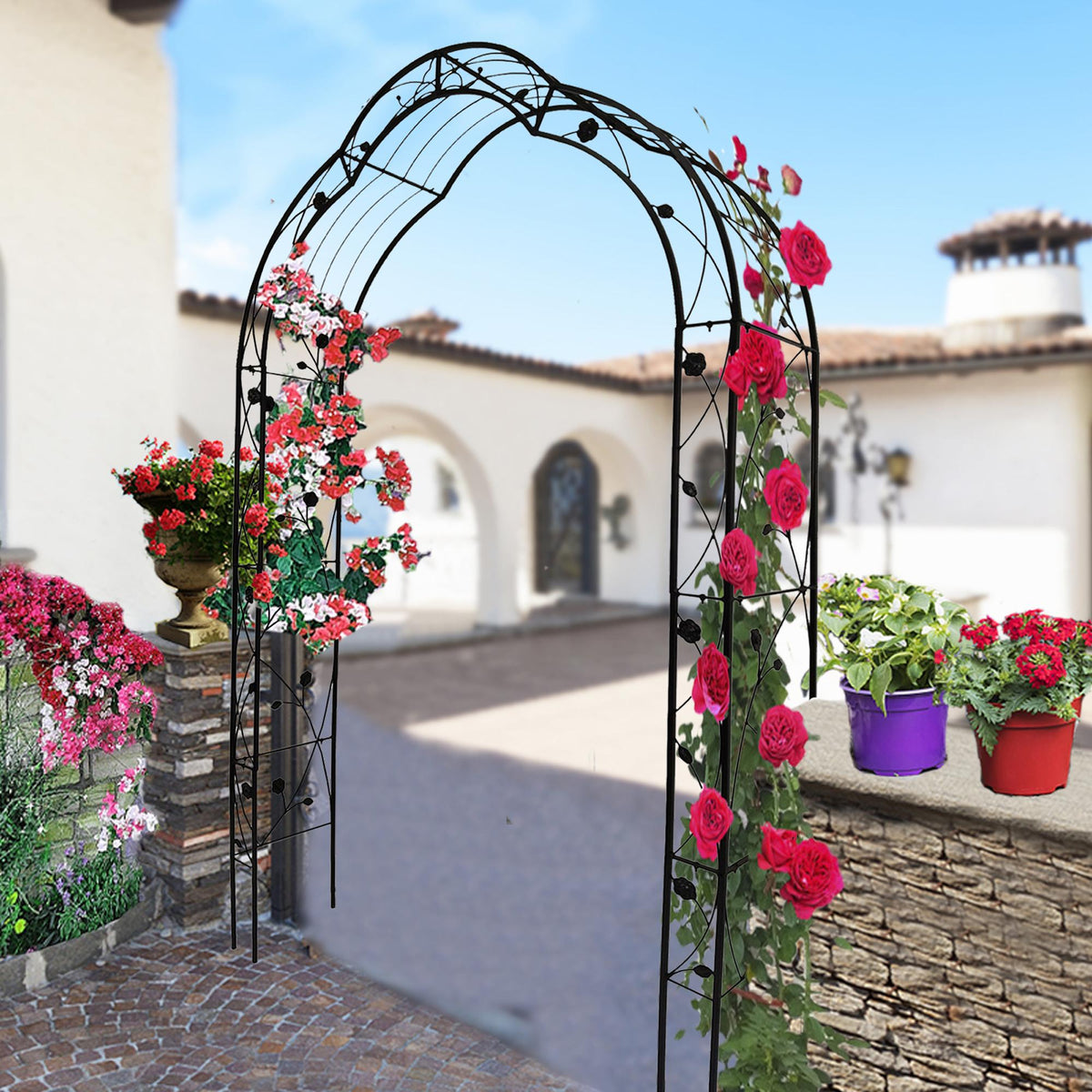 8 Styles Freely Assembled Arch Trellis with Gothic Spire Design, Metal Garden Arbor for Climbing Plants, 59" L x 15.5" W x 98.5" H, Black