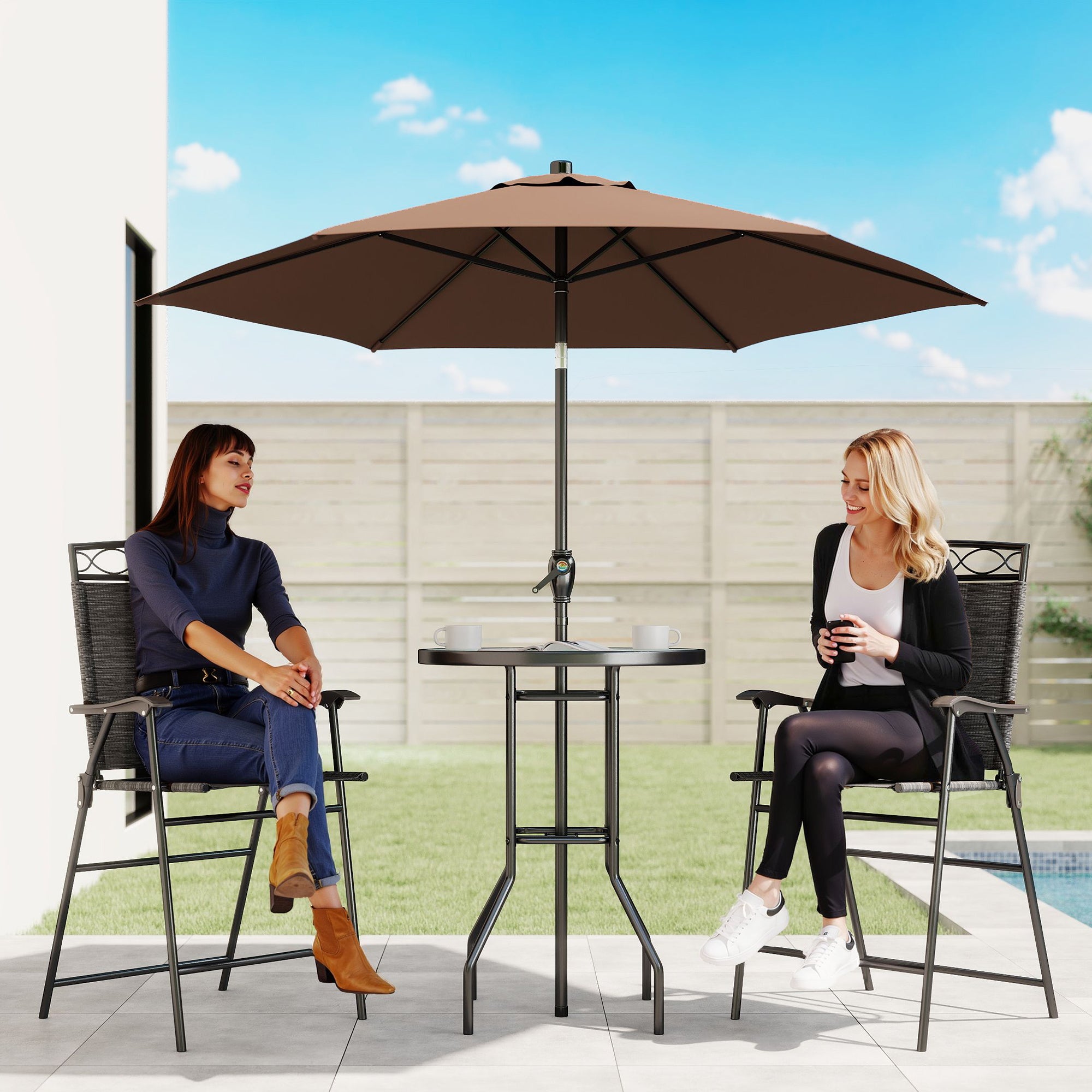 4 Piece Outdoor Bar Set with Umbrella, Patio Dining Set with 2 Folding Chairs, Wave Textured Tempered Glass Table for Backyard, Garden, Deck, Poolside, Black
