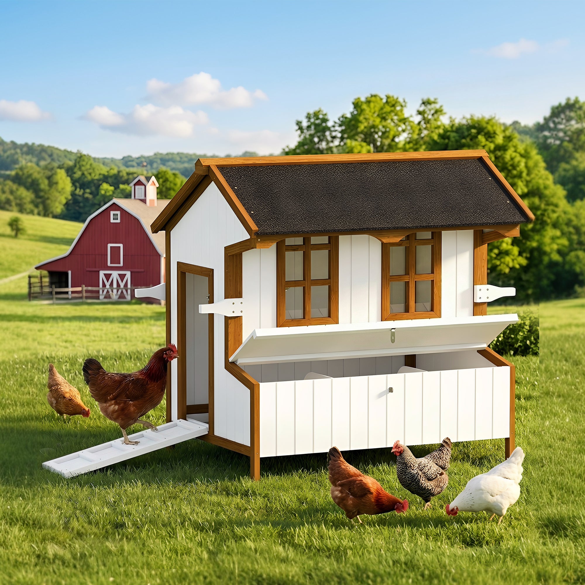 47" Chicken Coop, Wooden Chicken House Raised Rabbit Hutch with Waterproof Roof, Nesting Box and Handles for 3-5 Hens, Poultry Cage Portable Hen Pen for Backyard