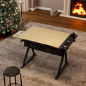 Adjustable Drafting Table Desk with Tilt Top, 2 Large Fabric Drawers, Drawing Desk with Side Pen Storage, 38.5" L x 23.5" W x 27" - 36" H, Maple