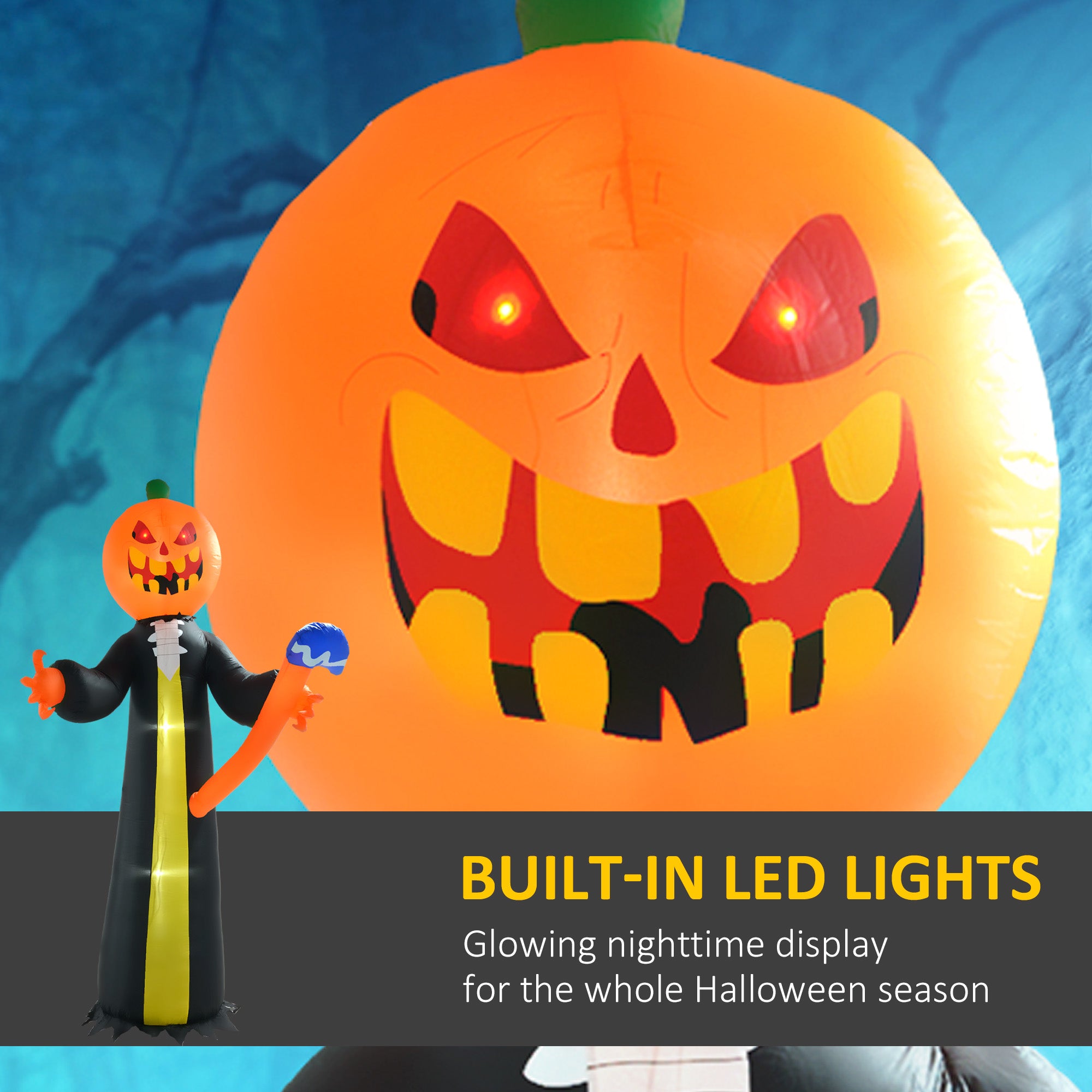 10ft Inflatable Halloween Pumpkin Head Ghost with Hammer, Blow Up LED Display for Garden Indoor Outdoor