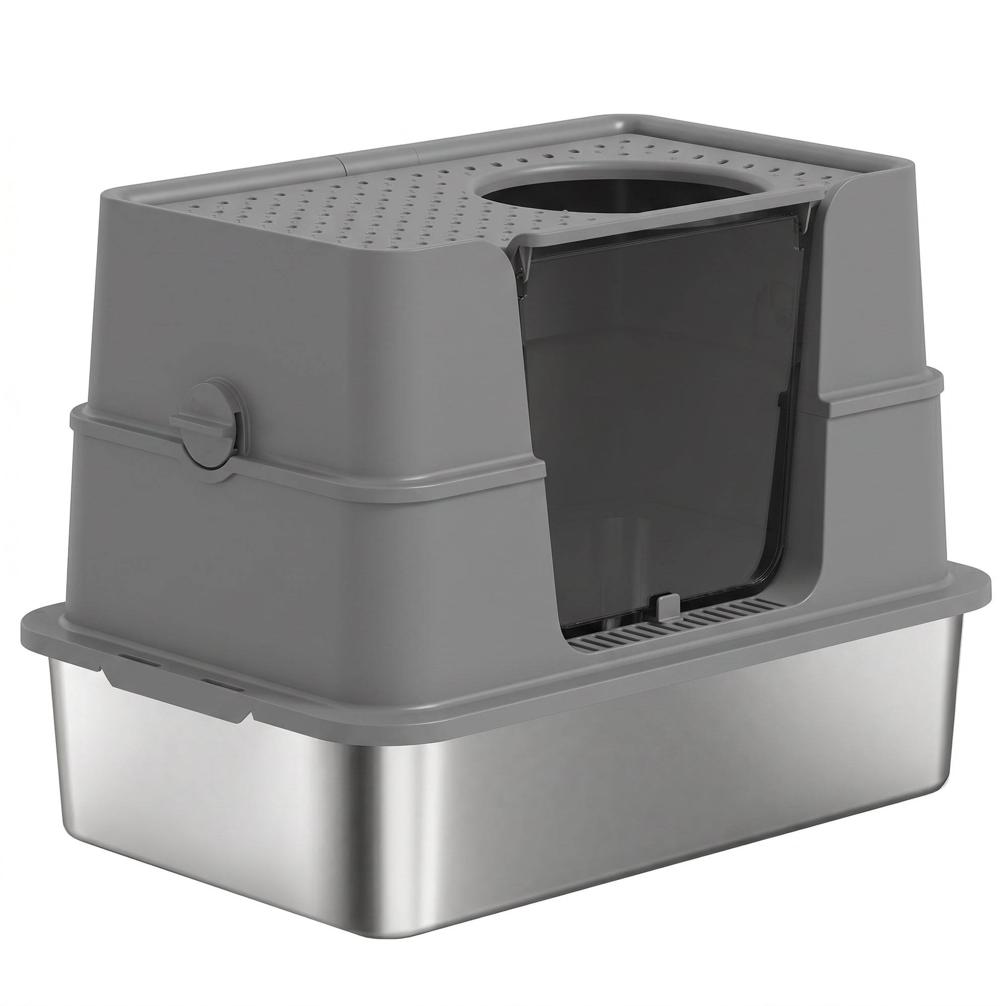 XL Stainless Steel Litter Box w/ 100° Flip Top, Scoop, Top & Side Entry Enclosed Litter Box for Big Cats
