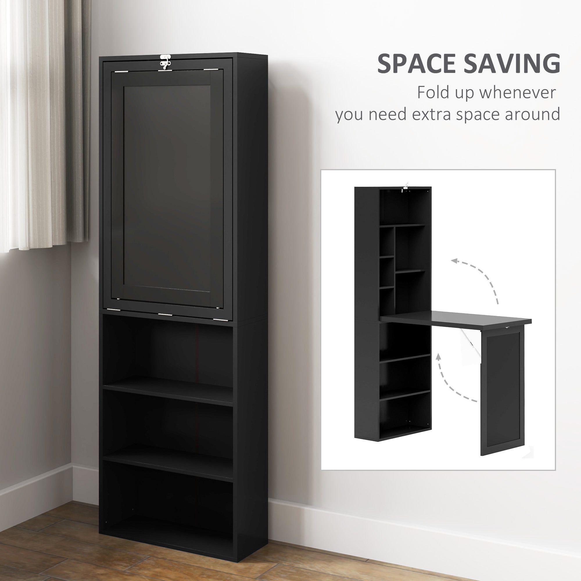 Fold-out Convertible Home Office Desk, Wall Mount Computer Desk with Blackboard and Side Shelf, Black