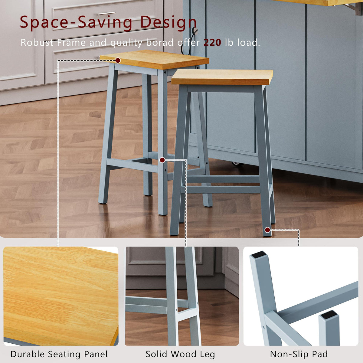 Kitchen Island Cart with Drop Leaf, Power Outlet, Internal Storage Rack, Rolling on 5 Wheels, Adjustable Shelves, and Bamboo Sticks, Gray+Blue