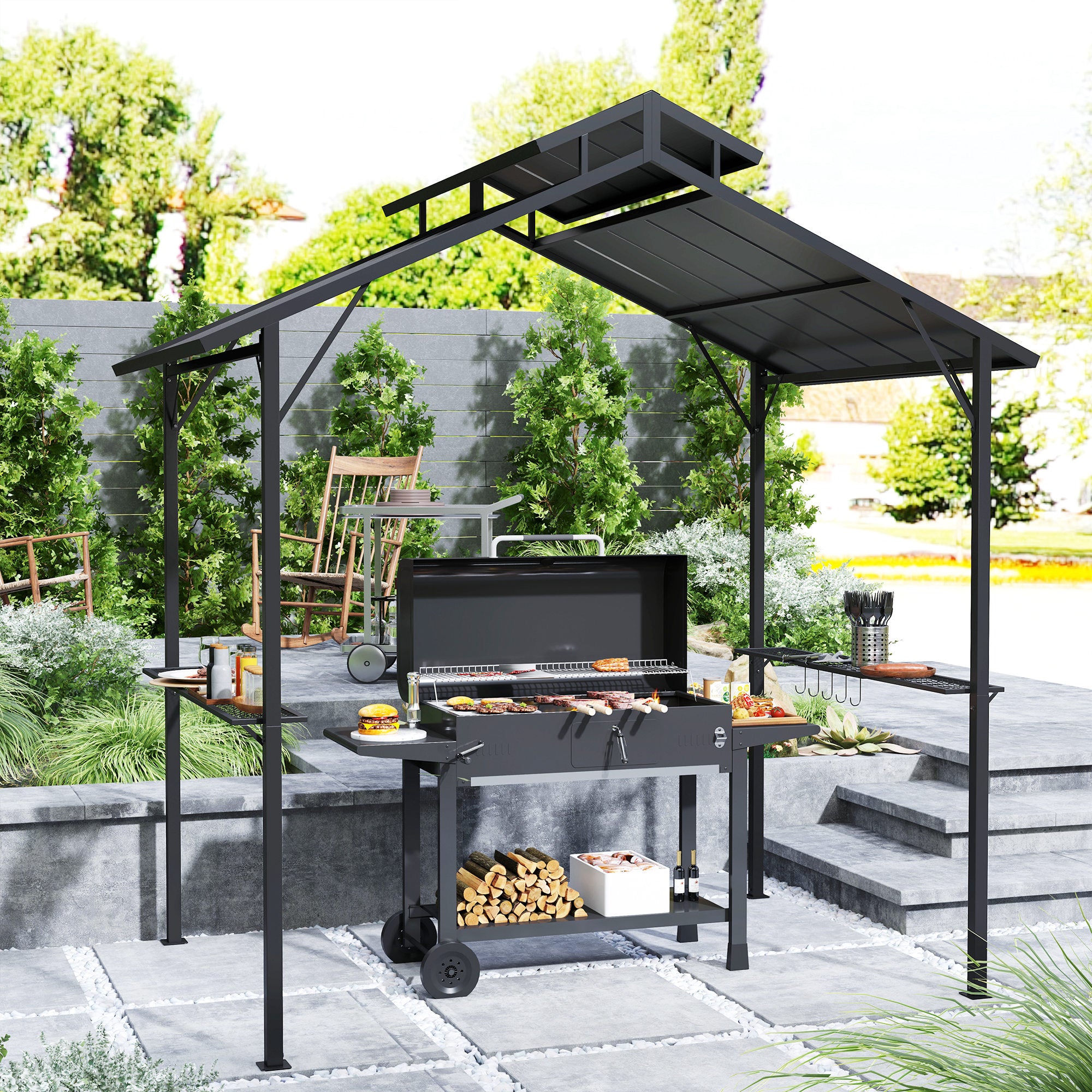 8 x 5ft Hardtop Grill Gazebo with Double Metal Roof, 2 Side Shelves and 10 Hooks for Patio Backyard Lawn Deck